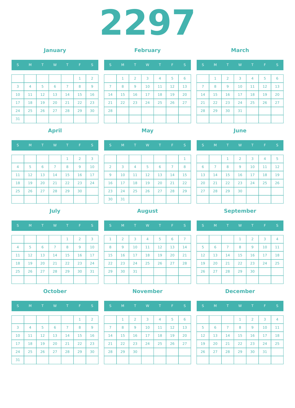 Printable 2297 Year Calendars verdigris
