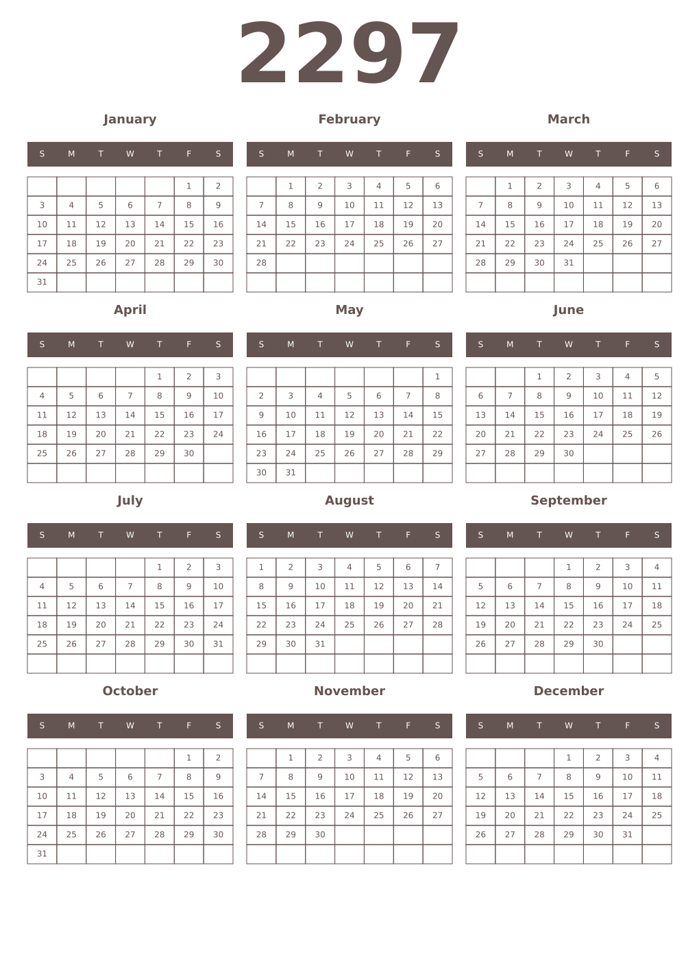 Printable 2297 Year Calendars wenge