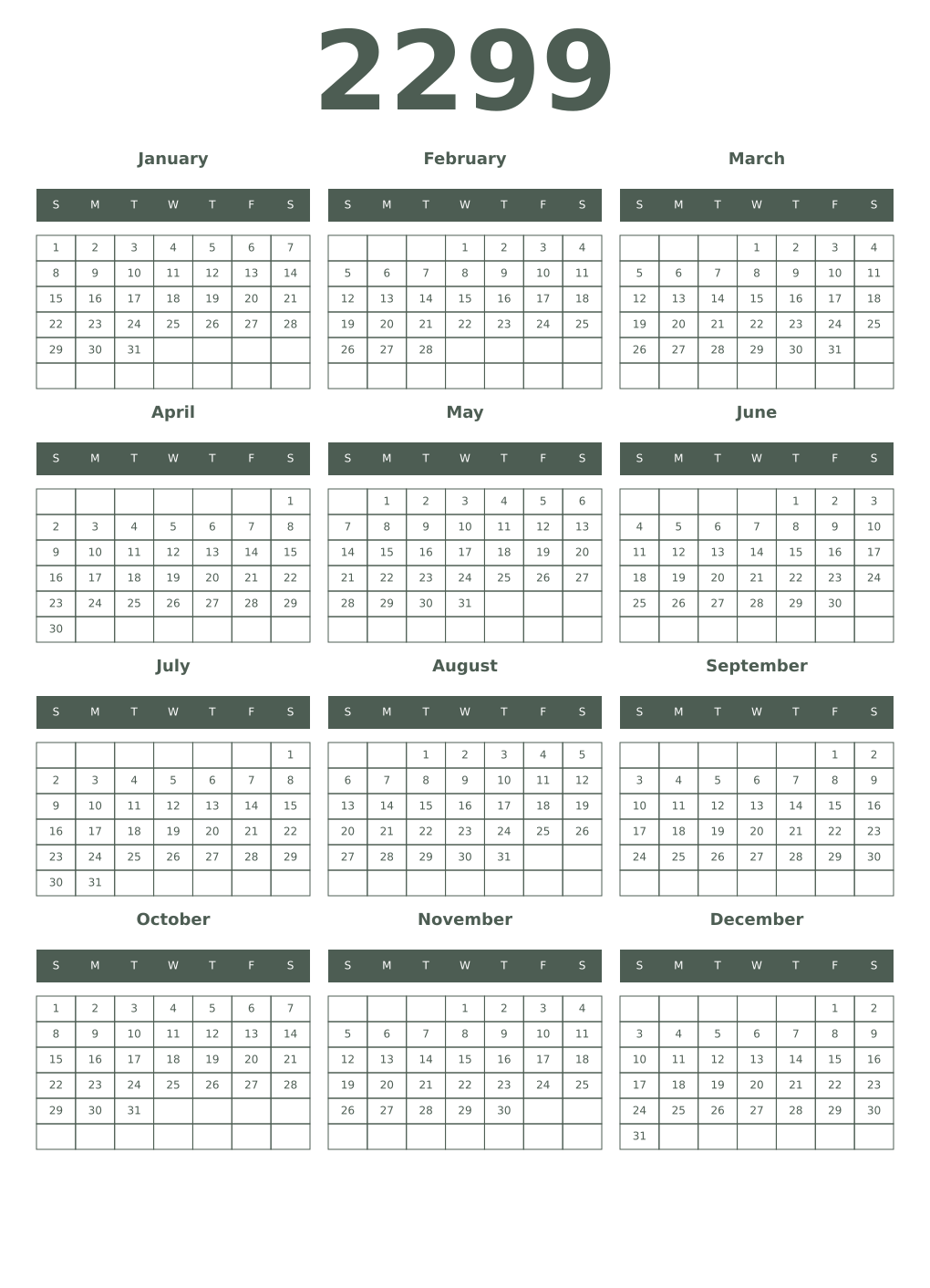 Printable 2299 Year Calendars feldgrau