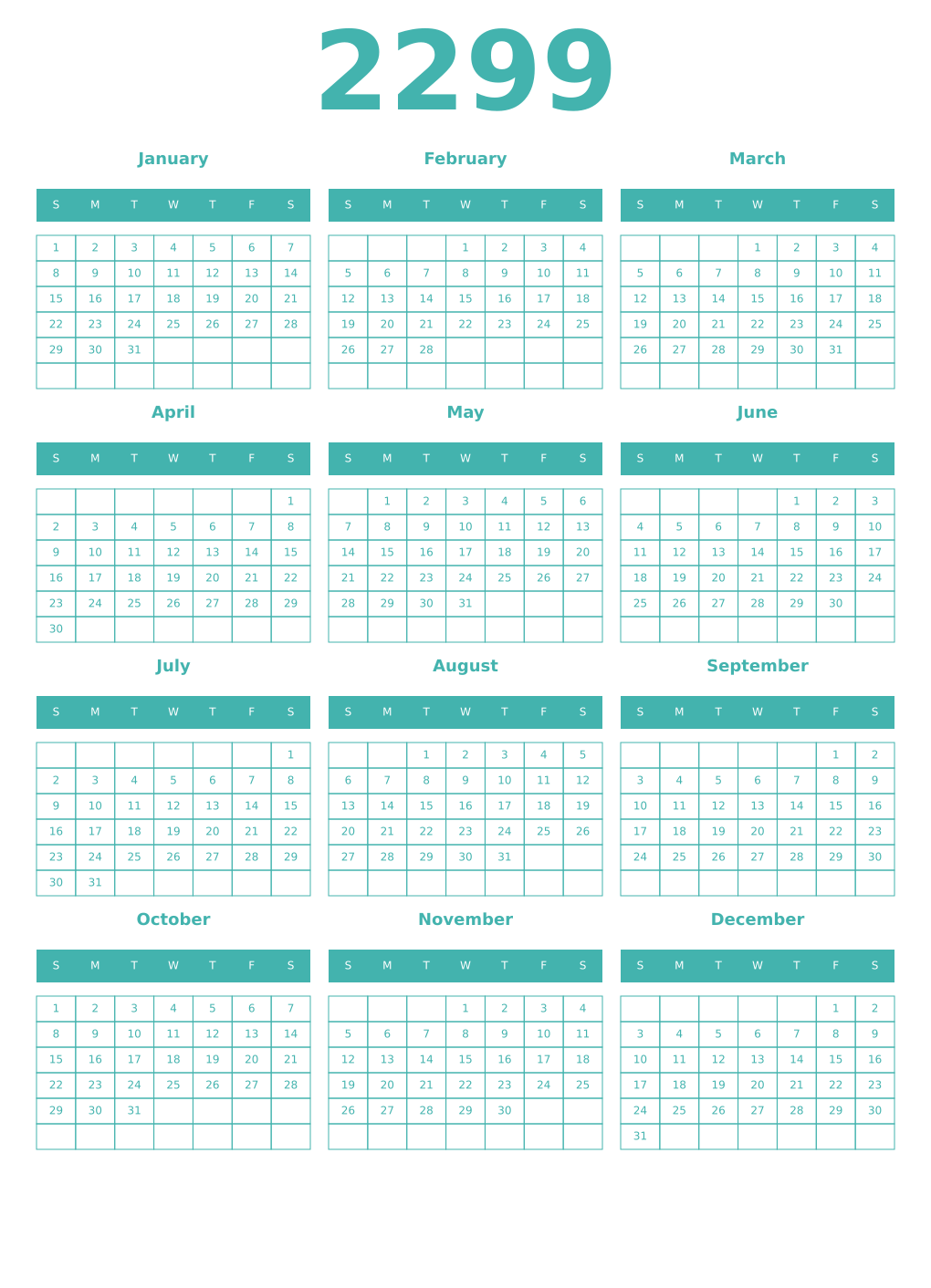 Printable 2299 Year Calendars verdigris