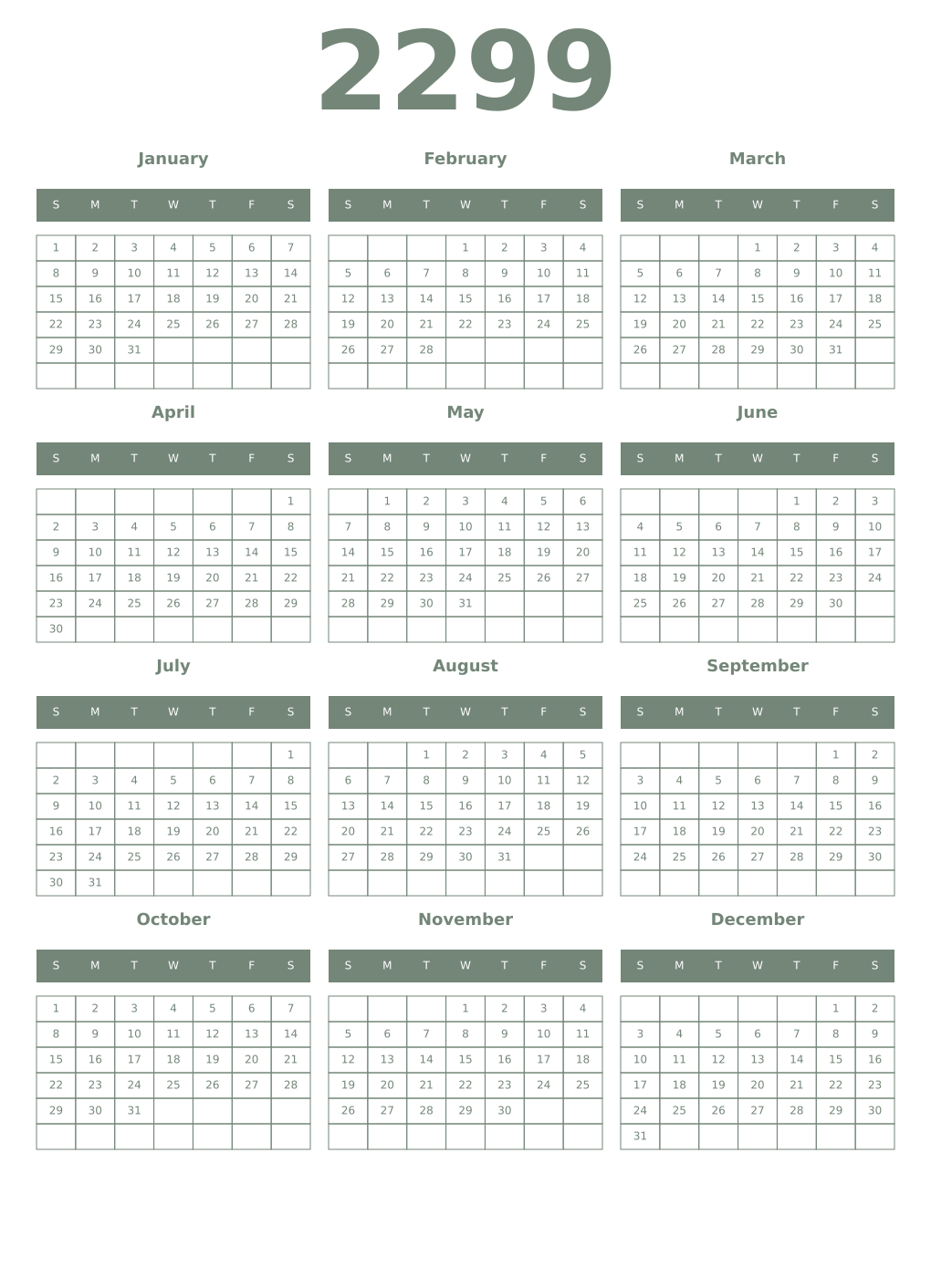 Printable 2299 Year Calendars xanadu