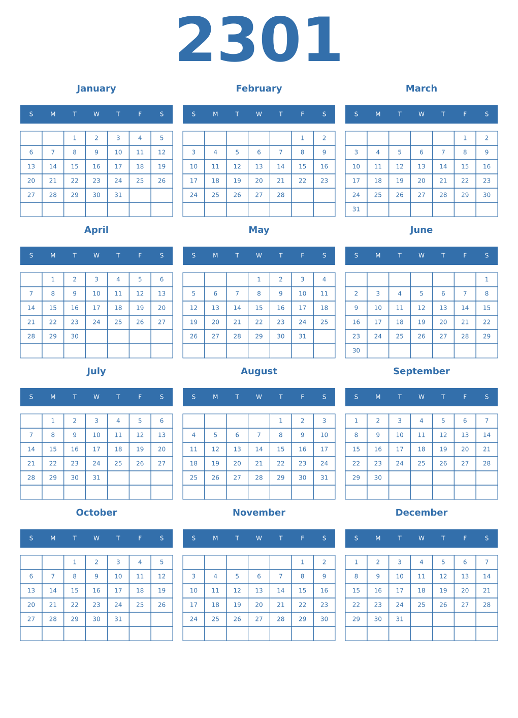 Printable 2301 Year Calendars blue