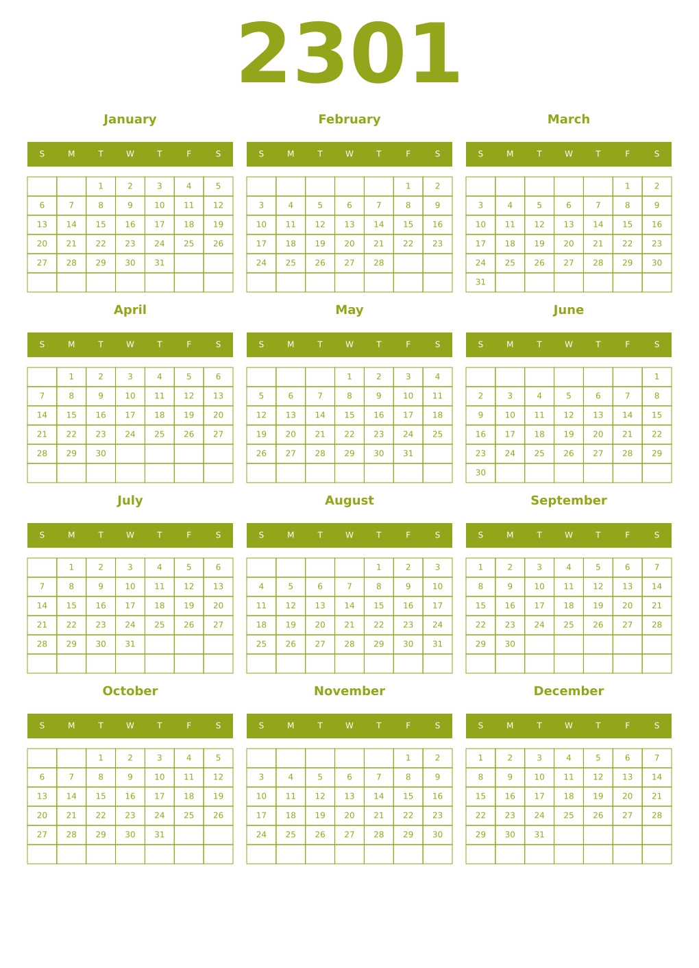 Printable 2301 Year Calendars chartreuse