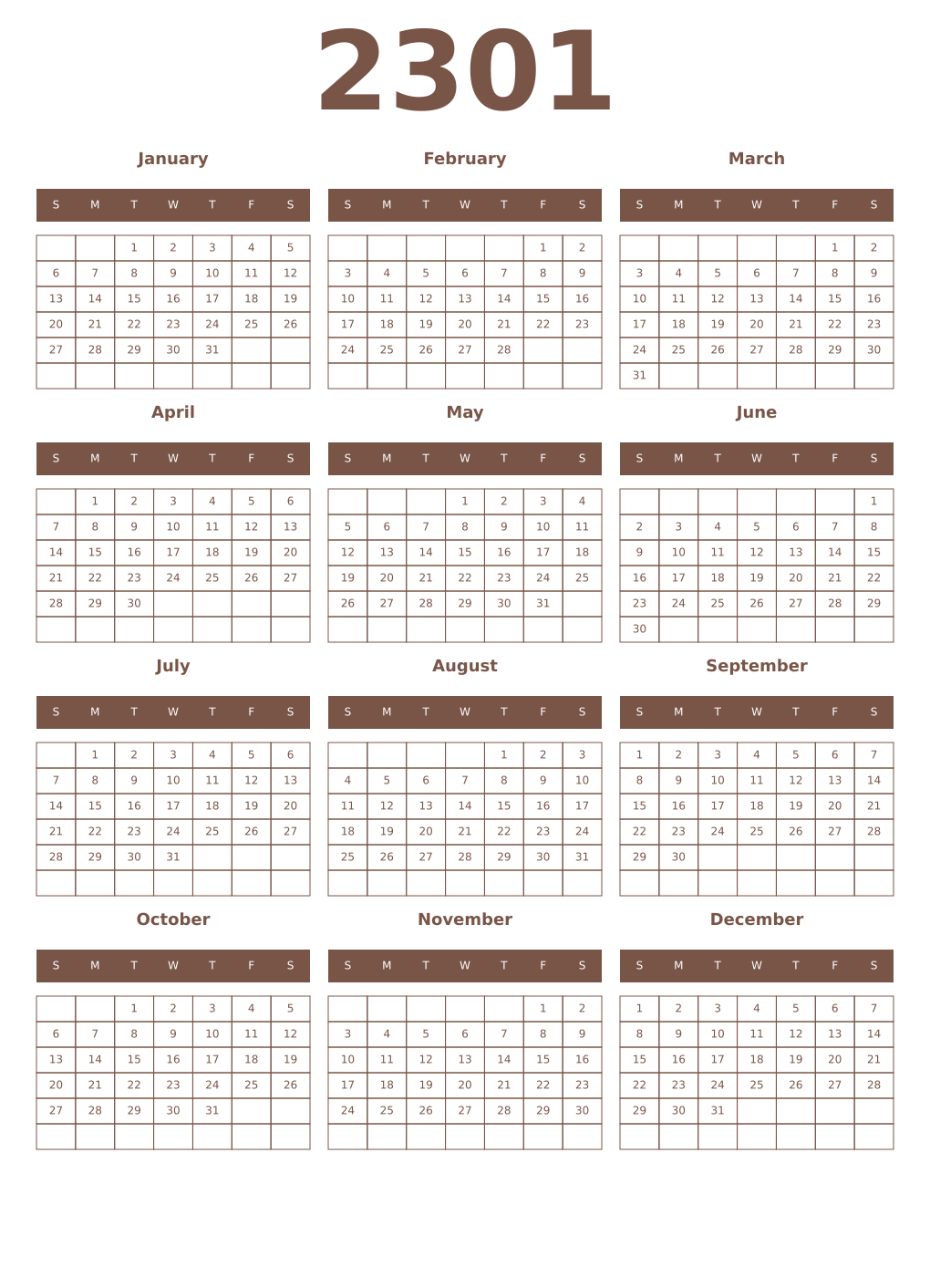 Printable 2301 Year Calendars coffe
