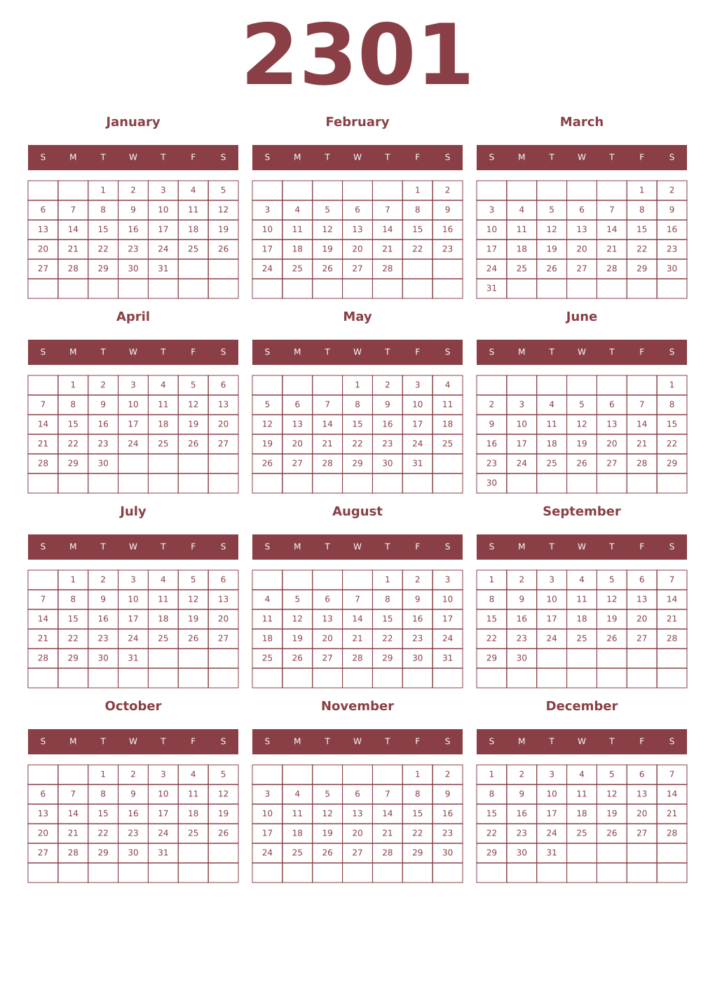 Printable 2301 Year Calendars cordovan