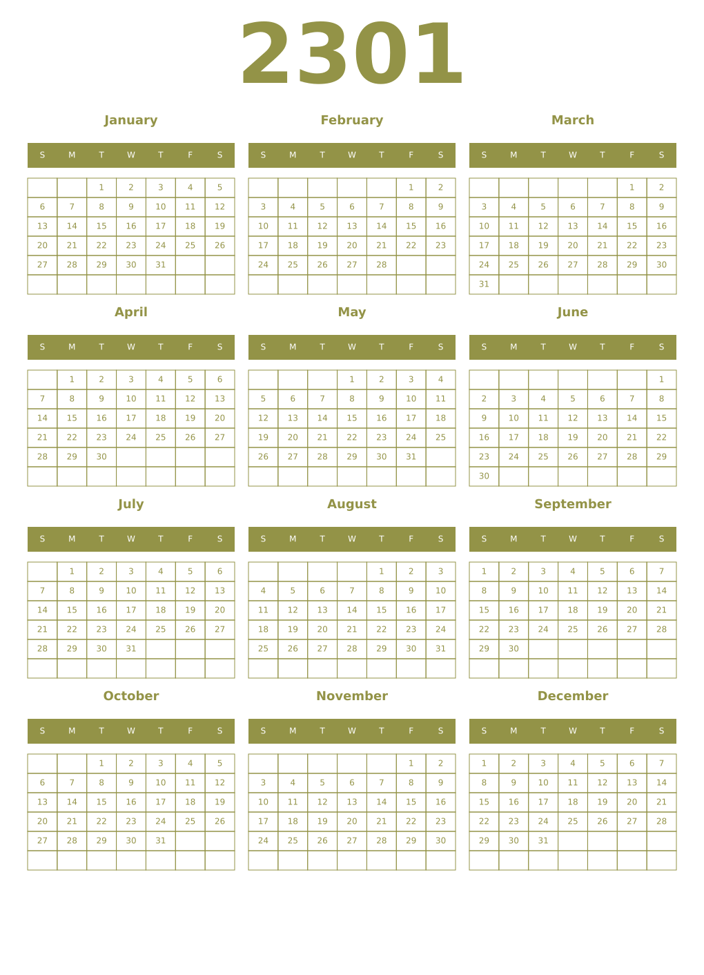 Printable 2301 Year Calendars eburnean