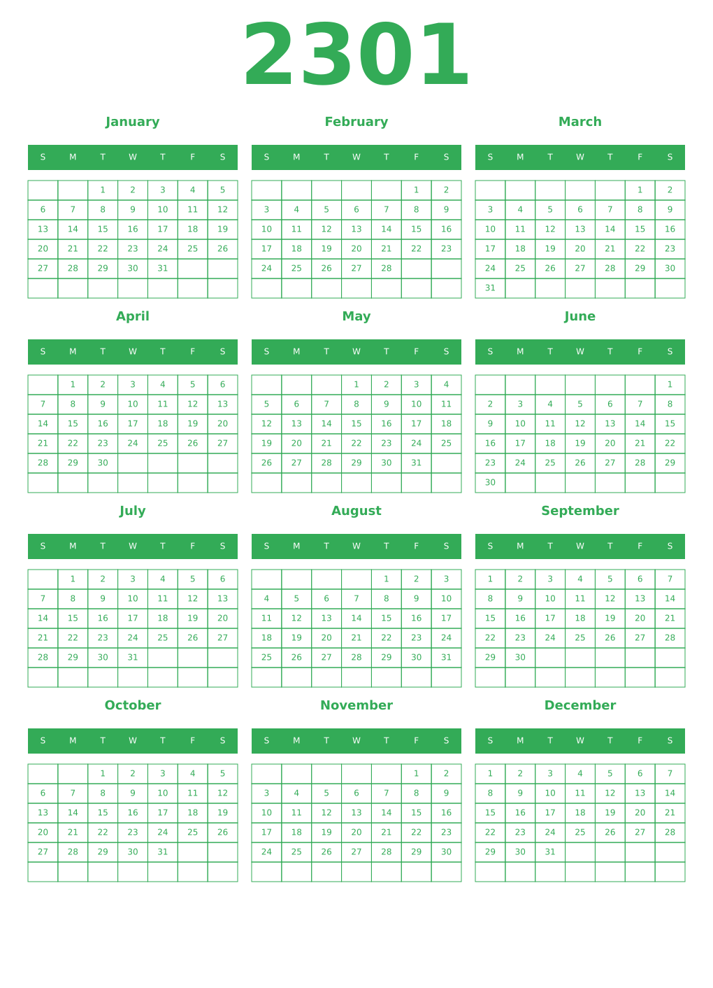 Printable 2301 Year Calendars green