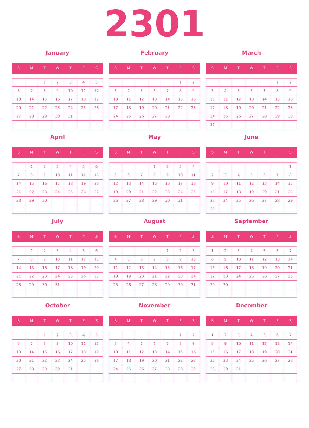 Printable 2301 Year Calendars pink