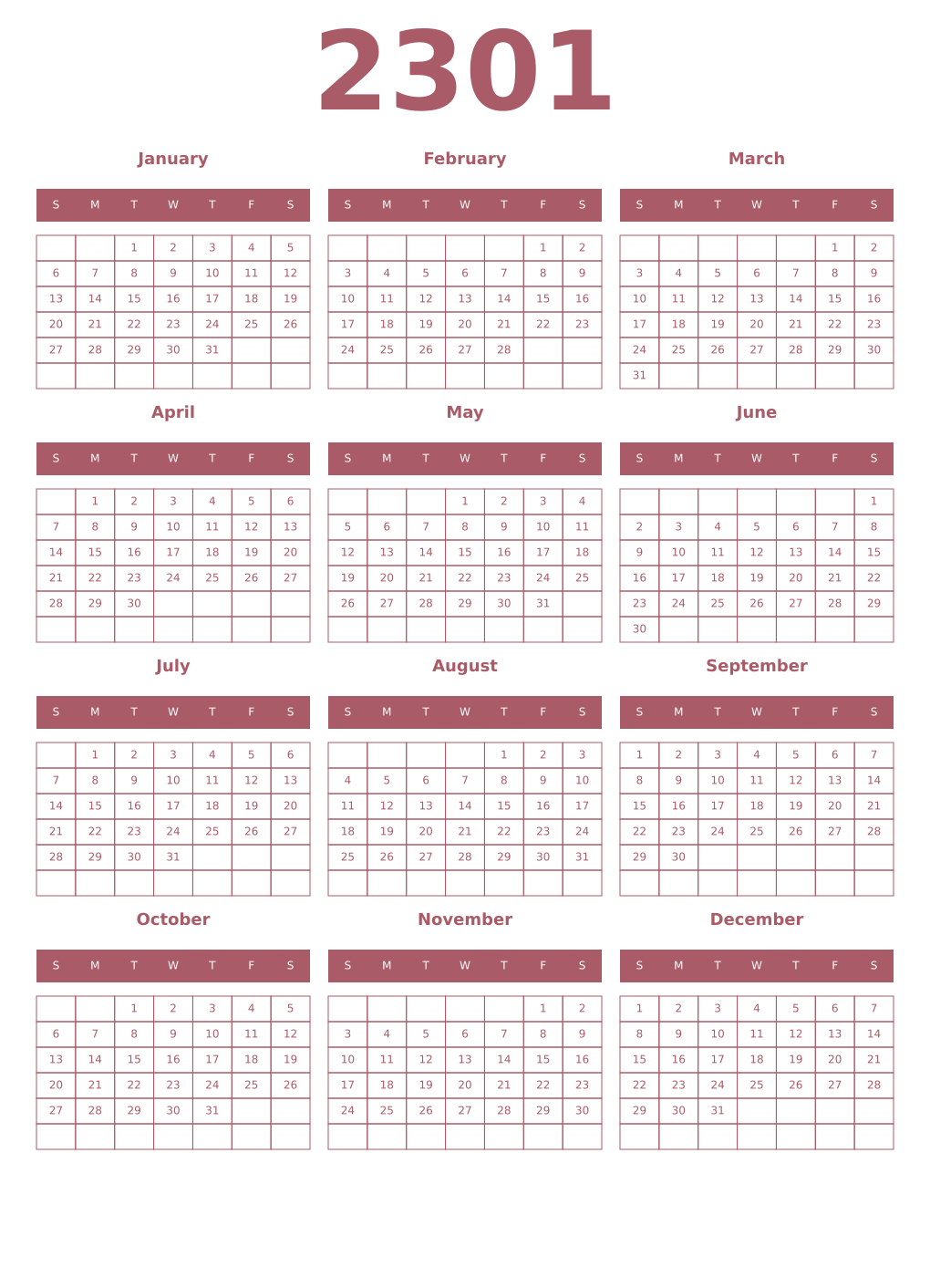 Printable 2301 Year Calendars puce