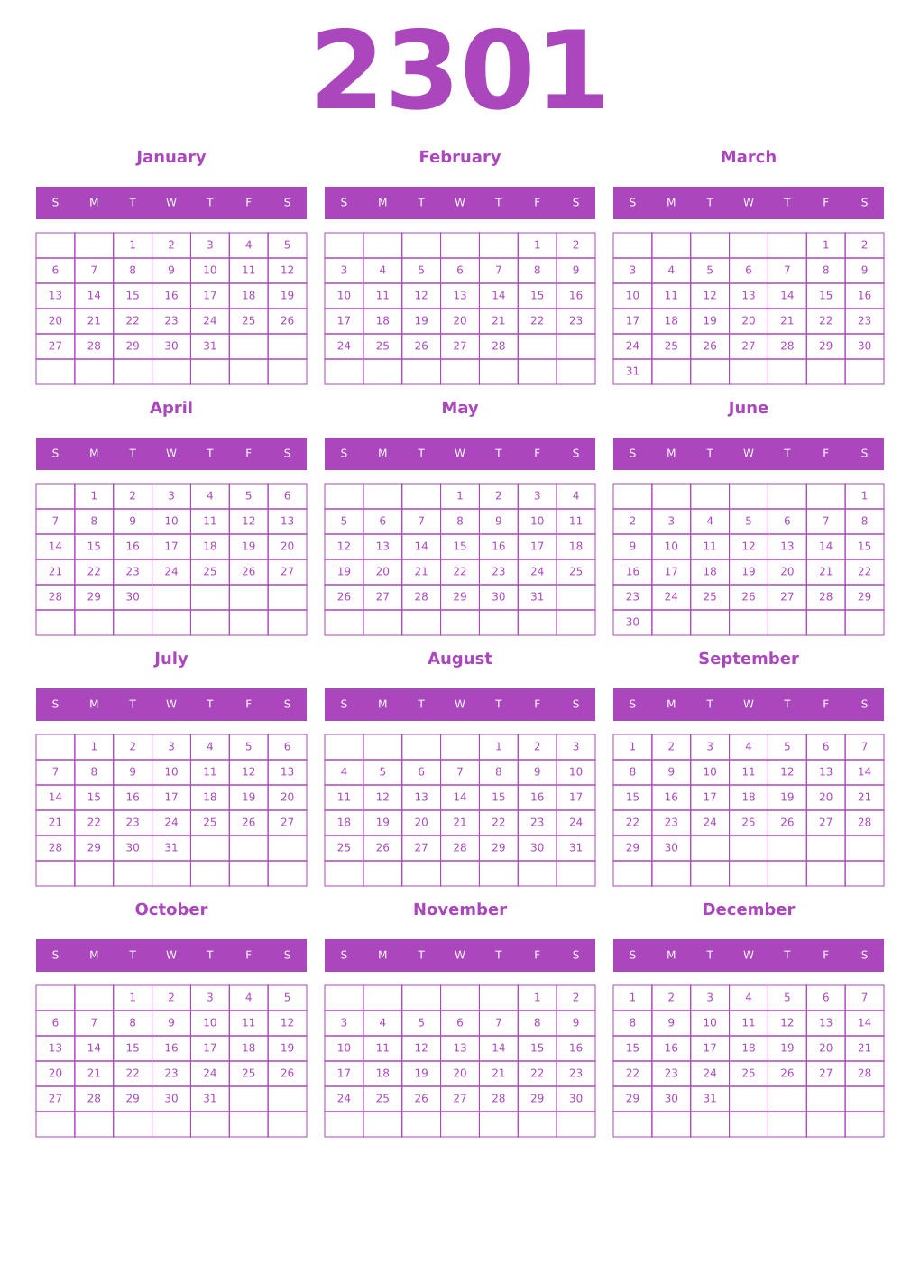 Printable 2301 Year Calendars purple
