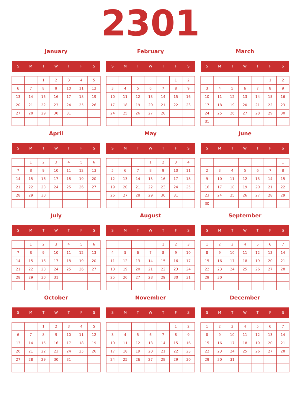 Printable 2301 Year Calendars red