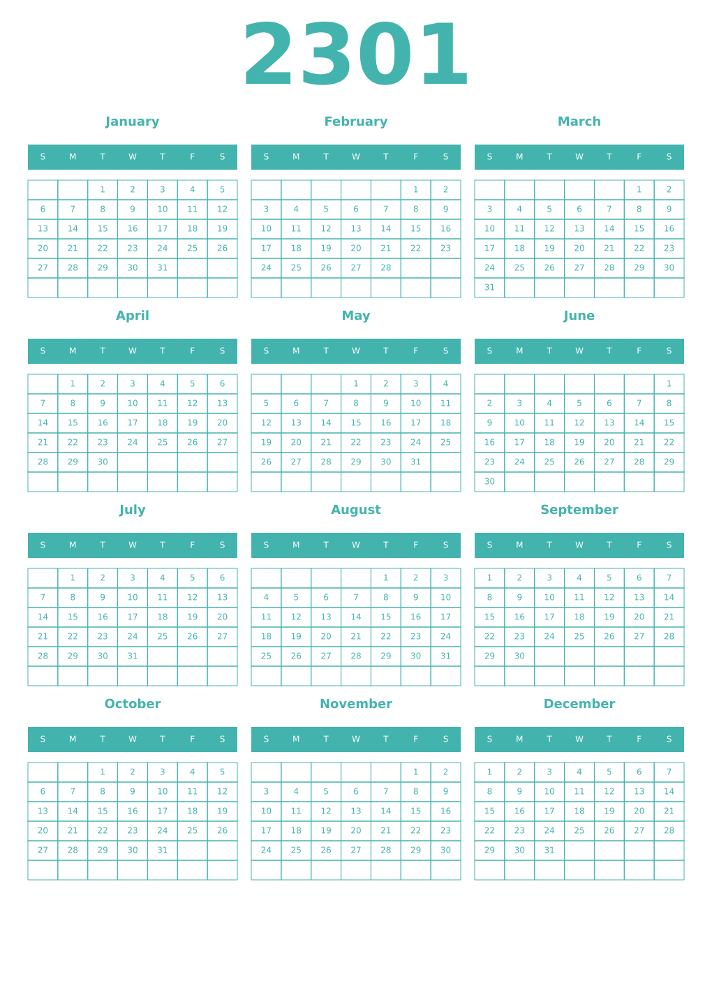 Printable 2301 Year Calendars verdigris