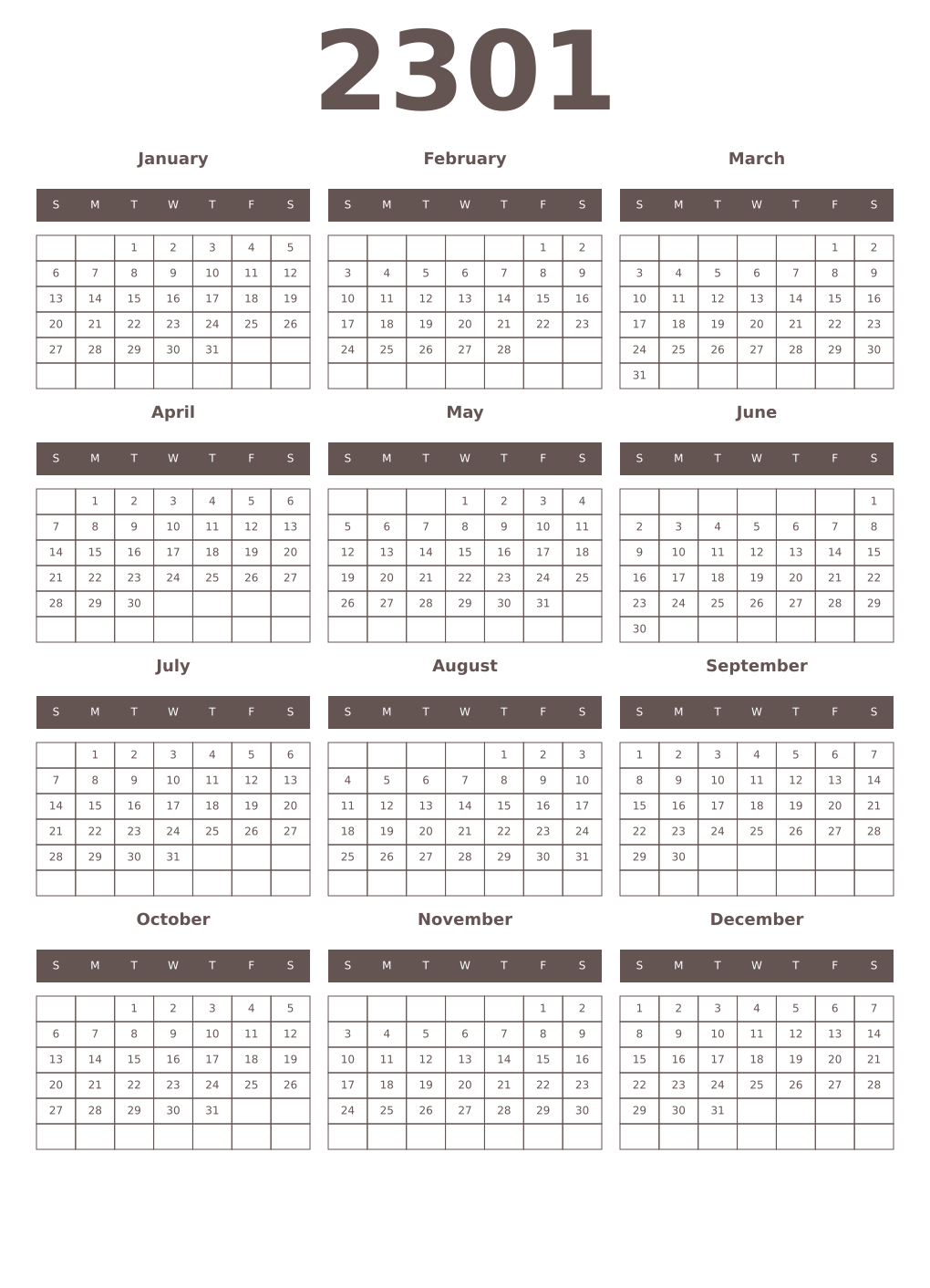 Printable 2301 Year Calendars wenge