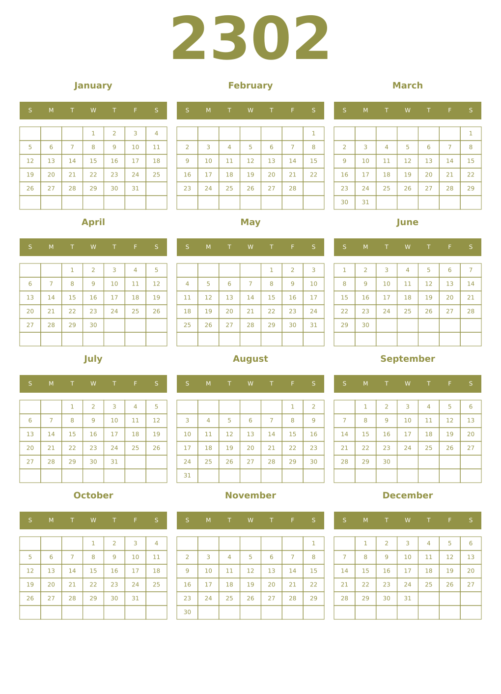 Printable 2302 Year Calendars eburnean