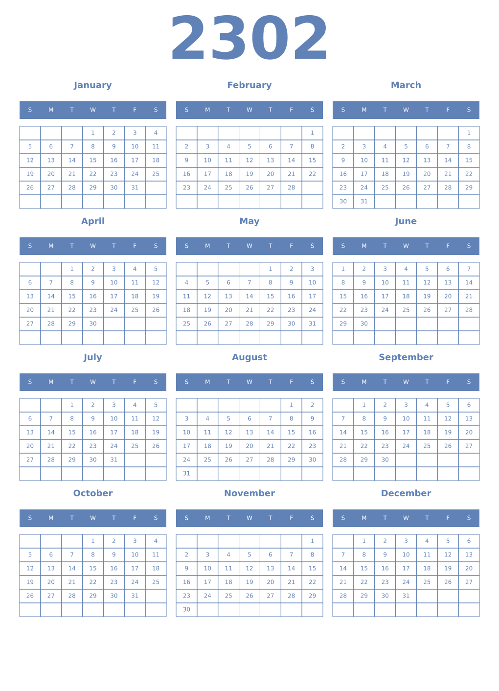 Printable 2302 Year Calendars glaucous