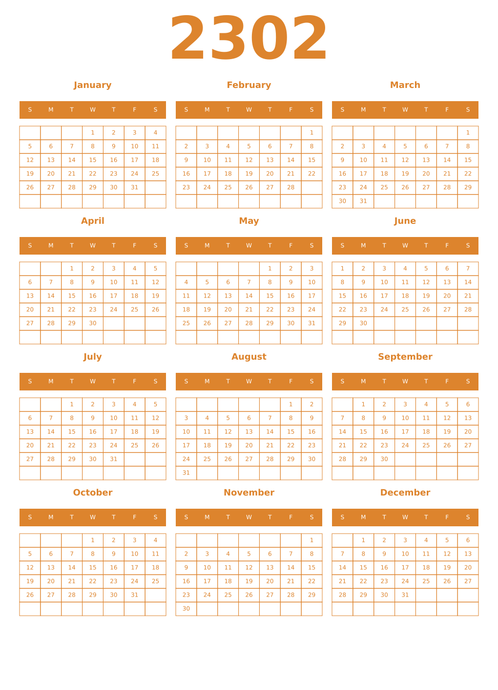 Printable 2302 Year Calendars orange
