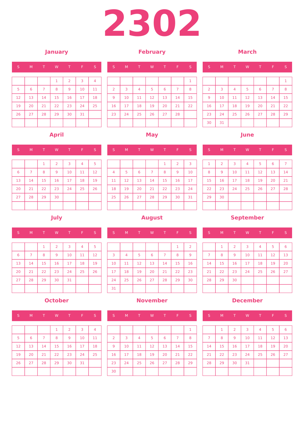 Printable 2302 Year Calendars pink