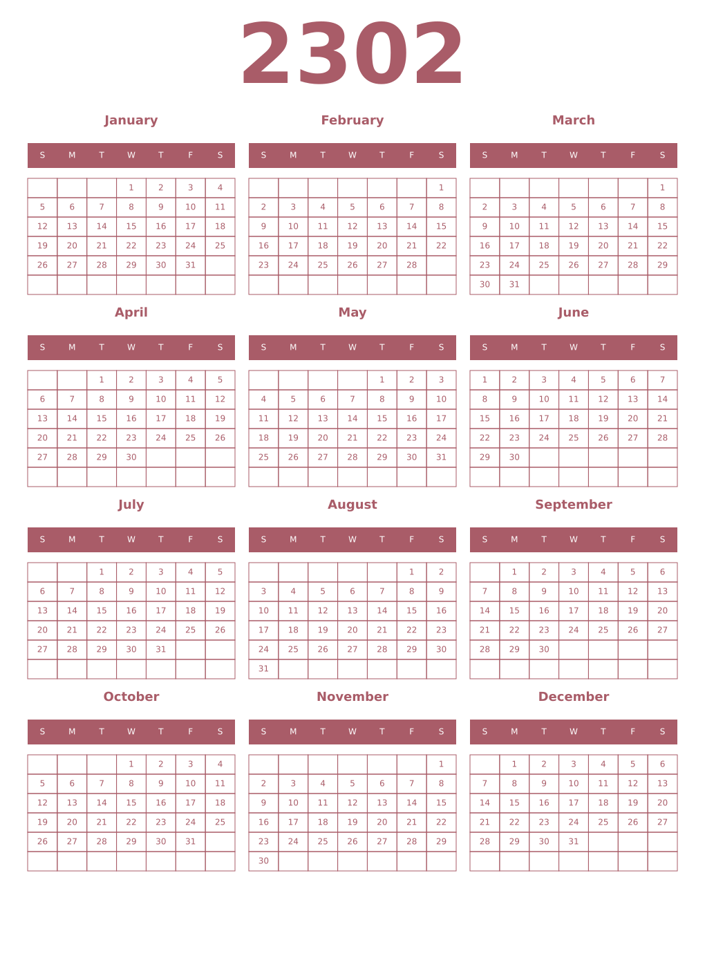 Printable 2302 Year Calendars puce