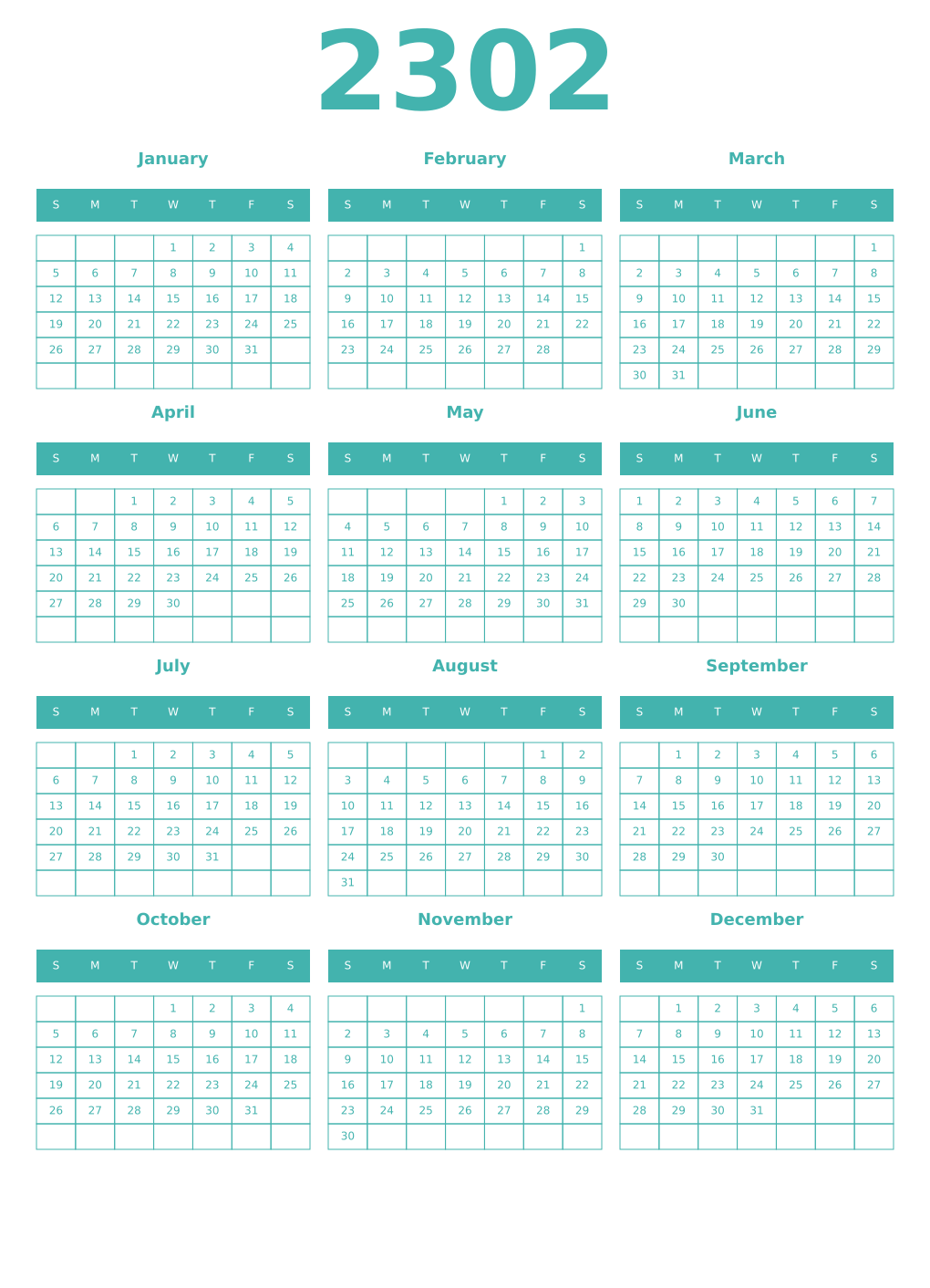 Printable 2302 Year Calendars verdigris