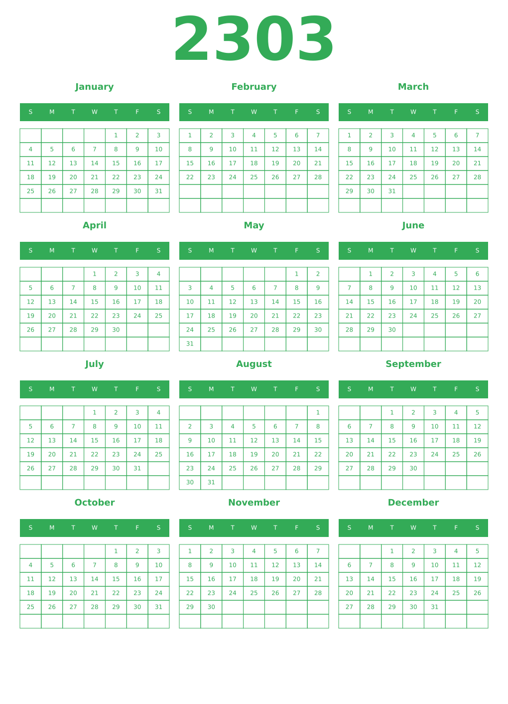 Printable 2303 Year Calendars green