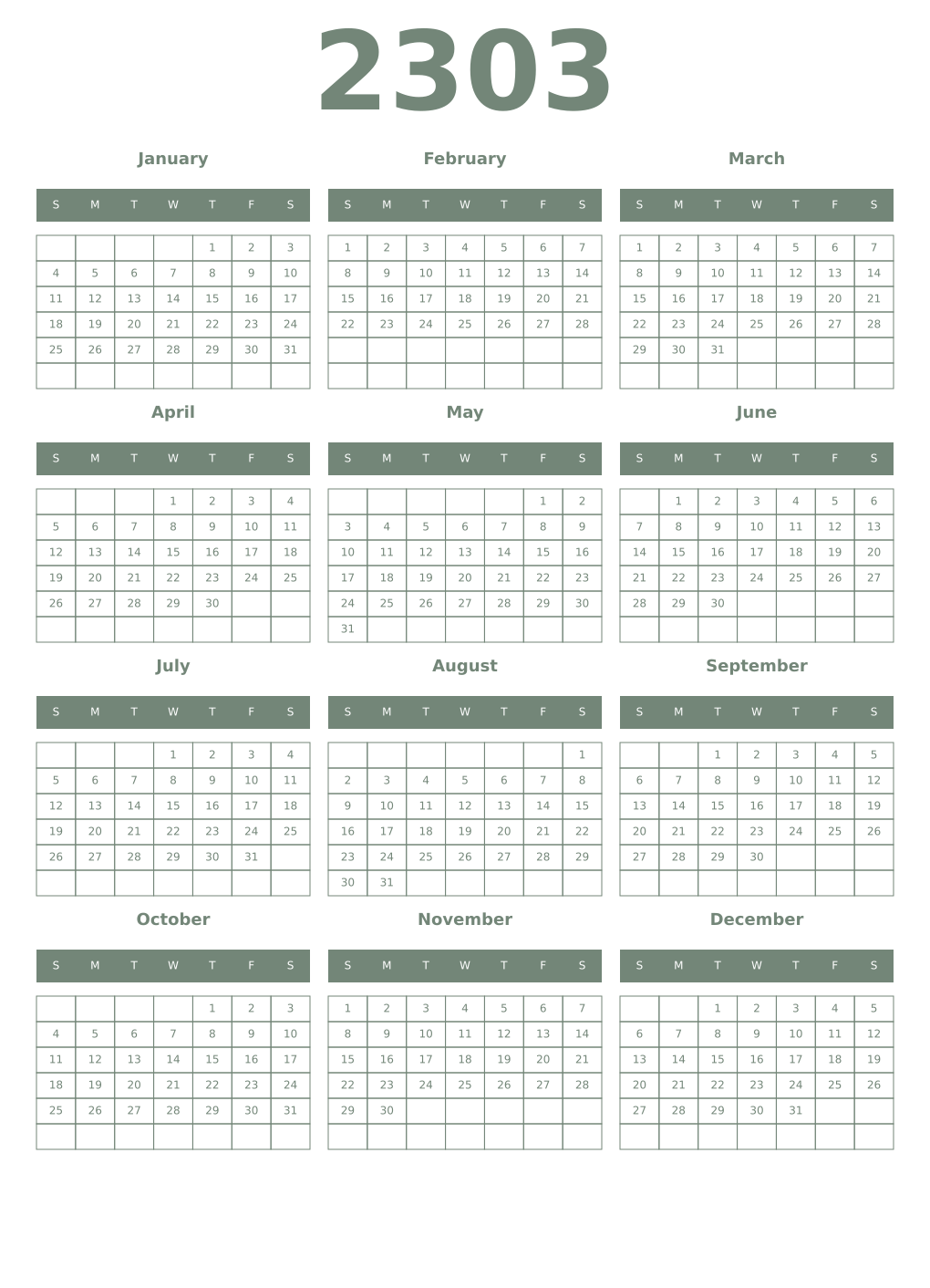 Printable 2303 Year Calendars xanadu