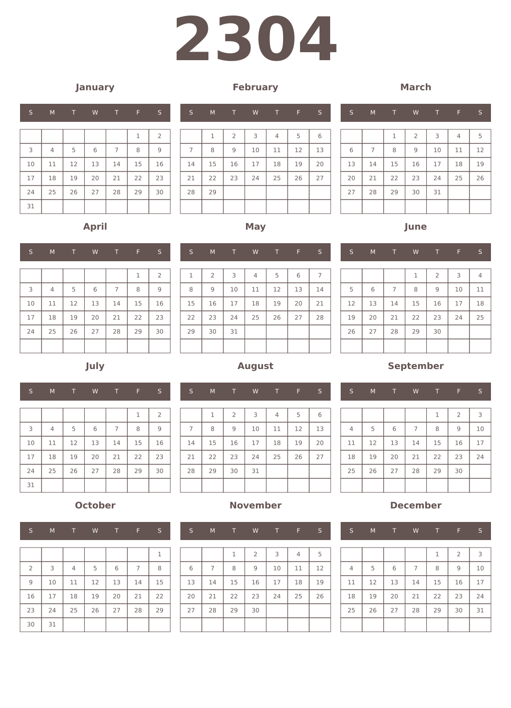 Printable 2304 Year Calendars wenge