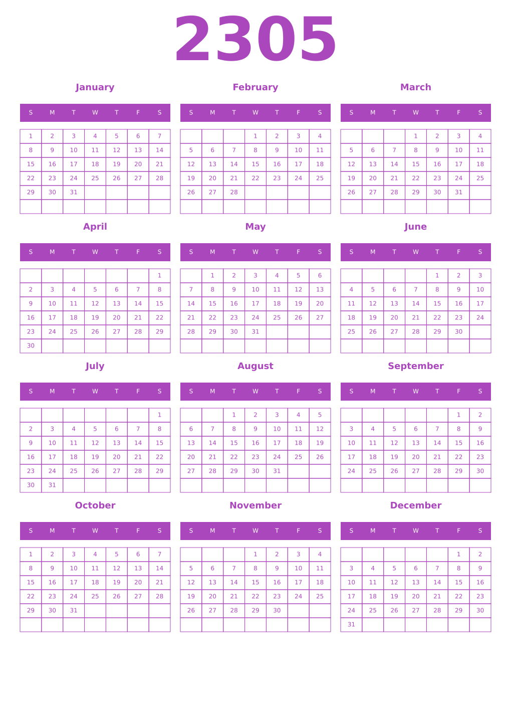 Printable 2305 Year Calendars purple