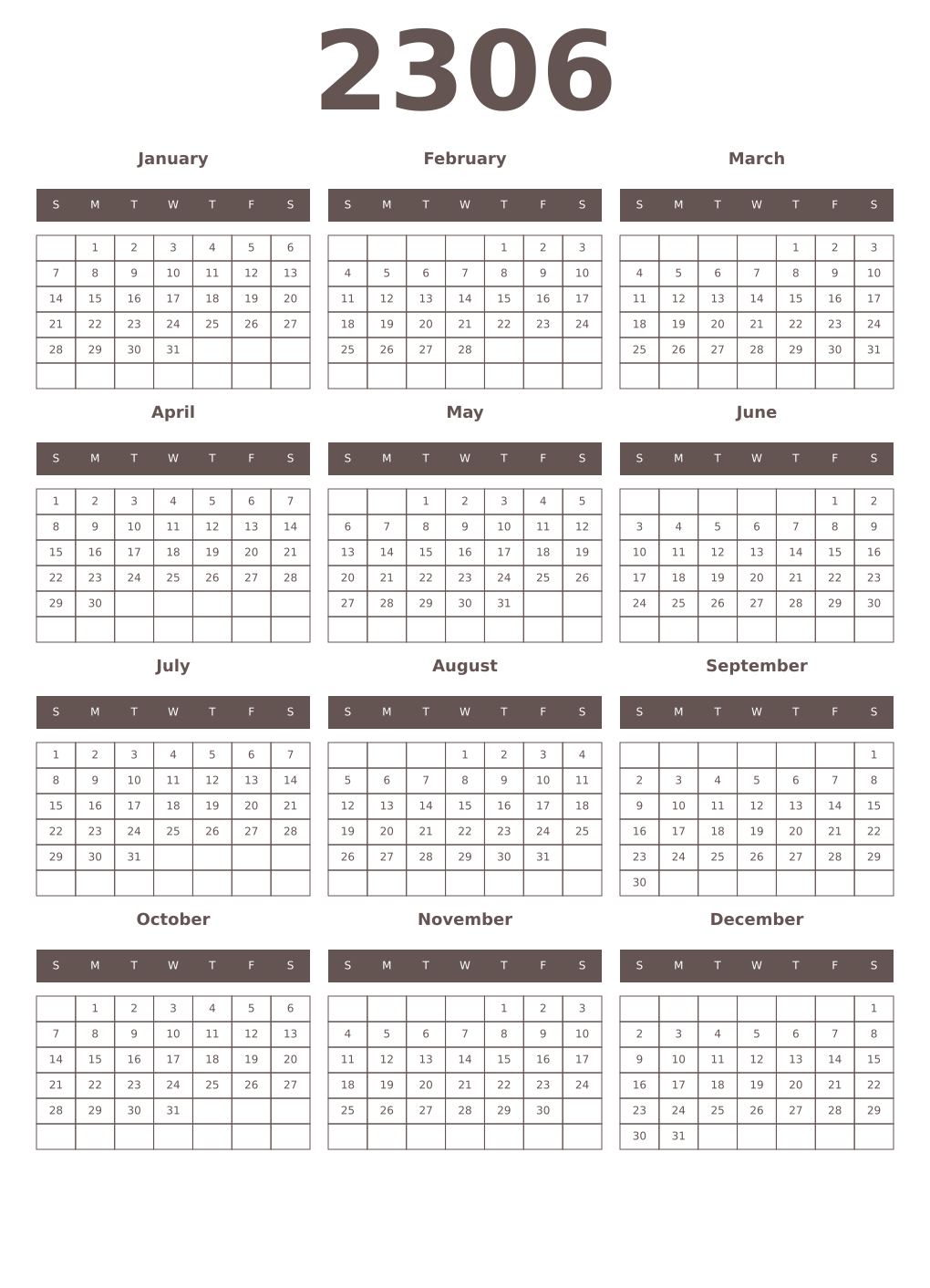 Printable 2306 Year Calendars wenge