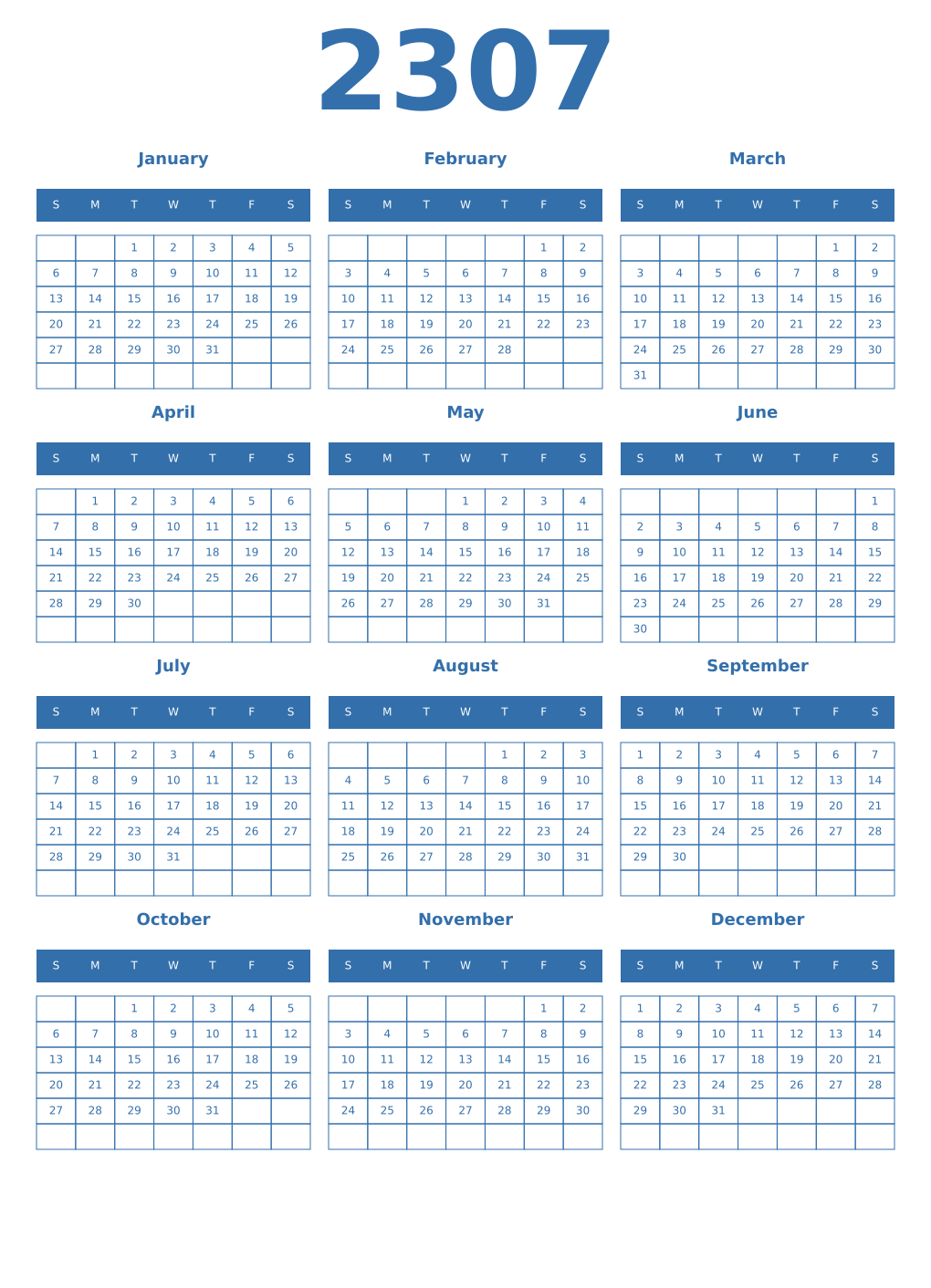 Printable 2307 Year Calendars blue