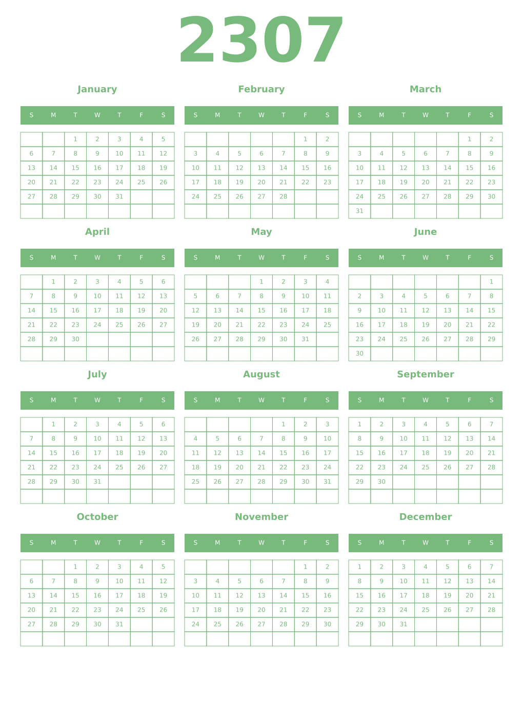 Printable 2307 Year Calendars celadon