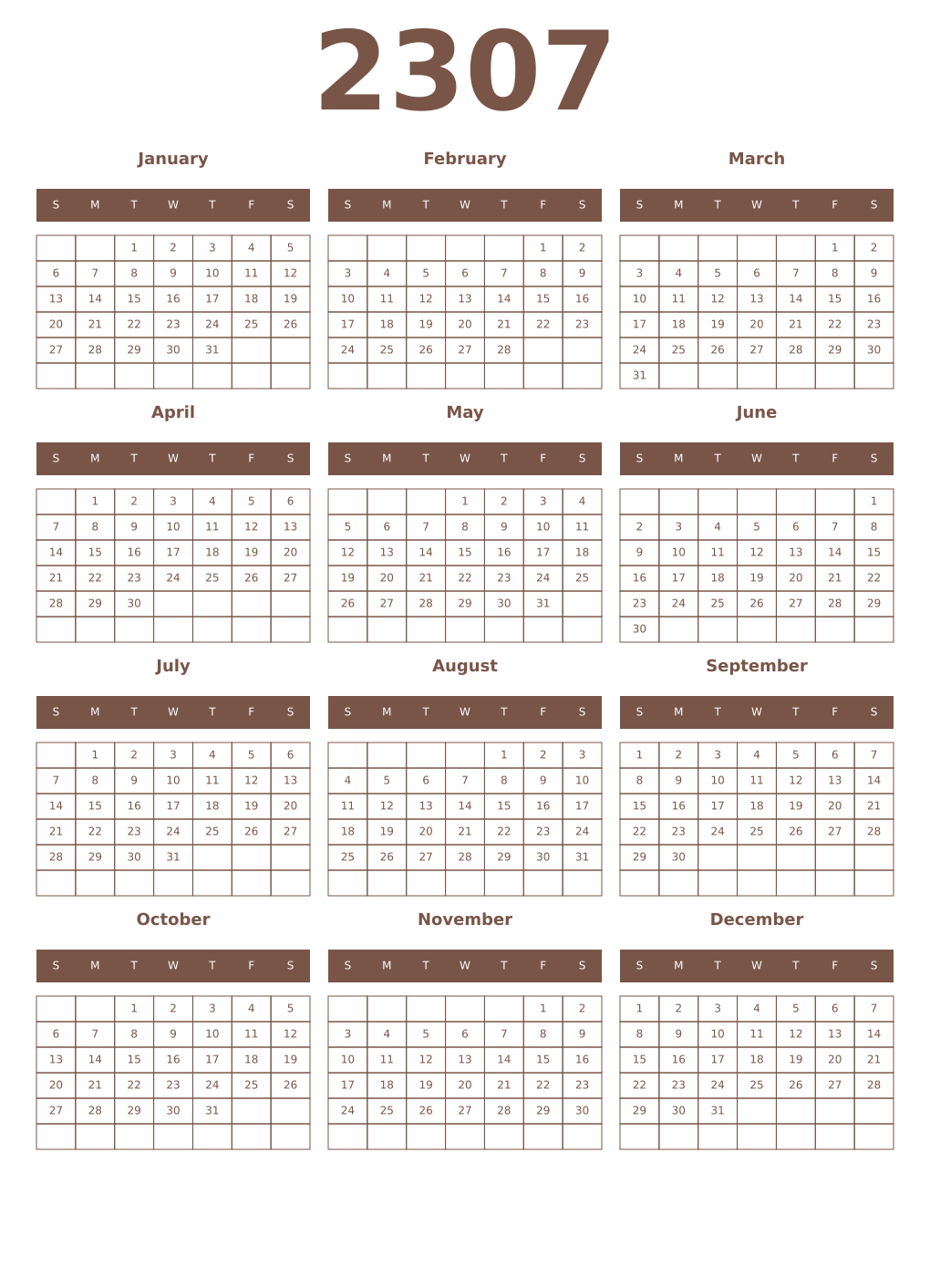 Printable 2307 Year Calendars coffe