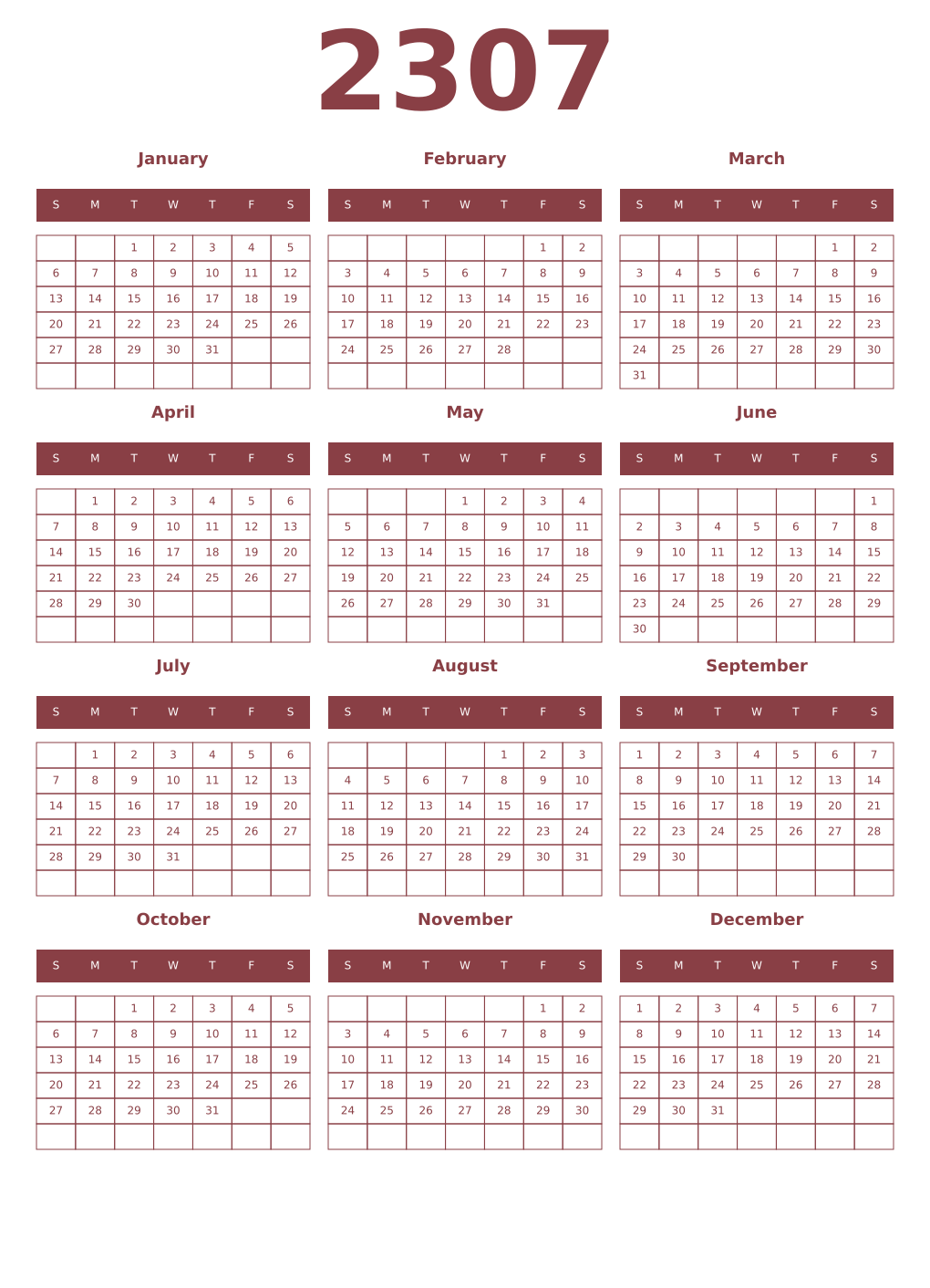 Printable 2307 Year Calendars cordovan
