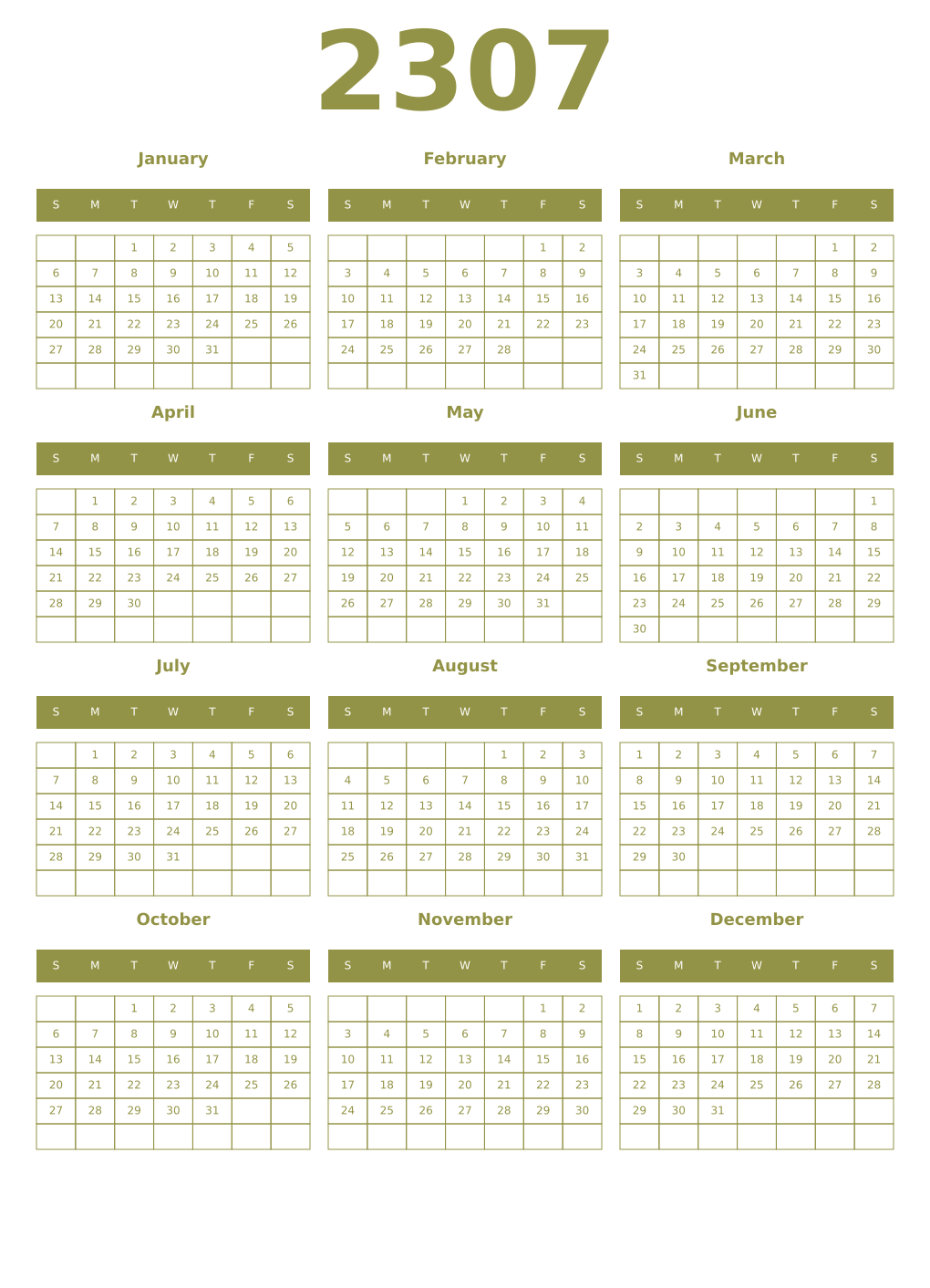 Printable 2307 Year Calendars eburnean