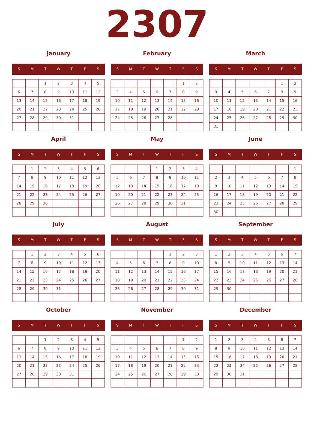 Printable 2307 Year Calendars falu