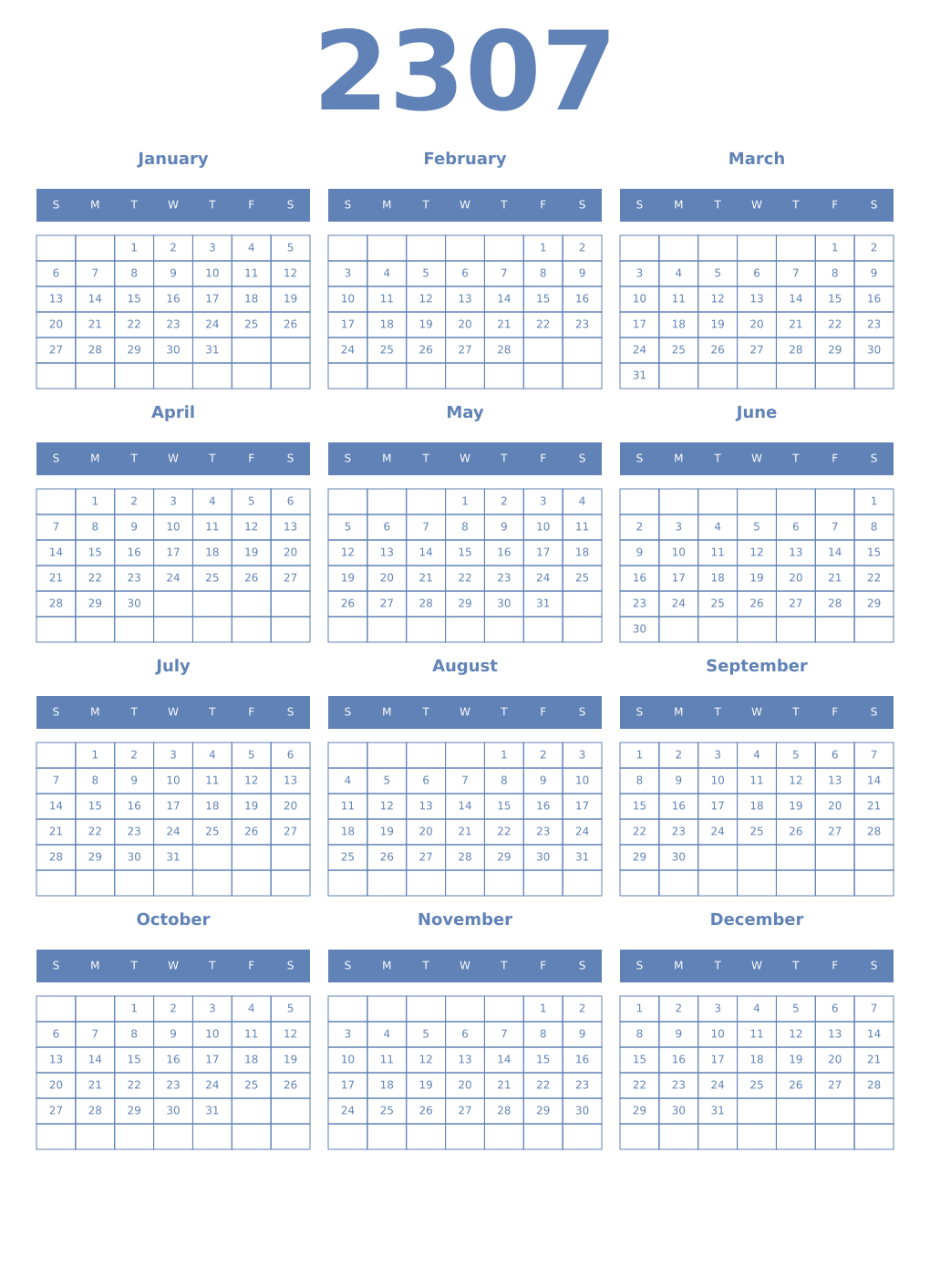 Printable 2307 Year Calendars glaucous