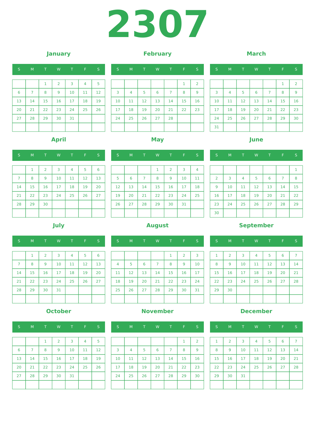Printable 2307 Year Calendars green