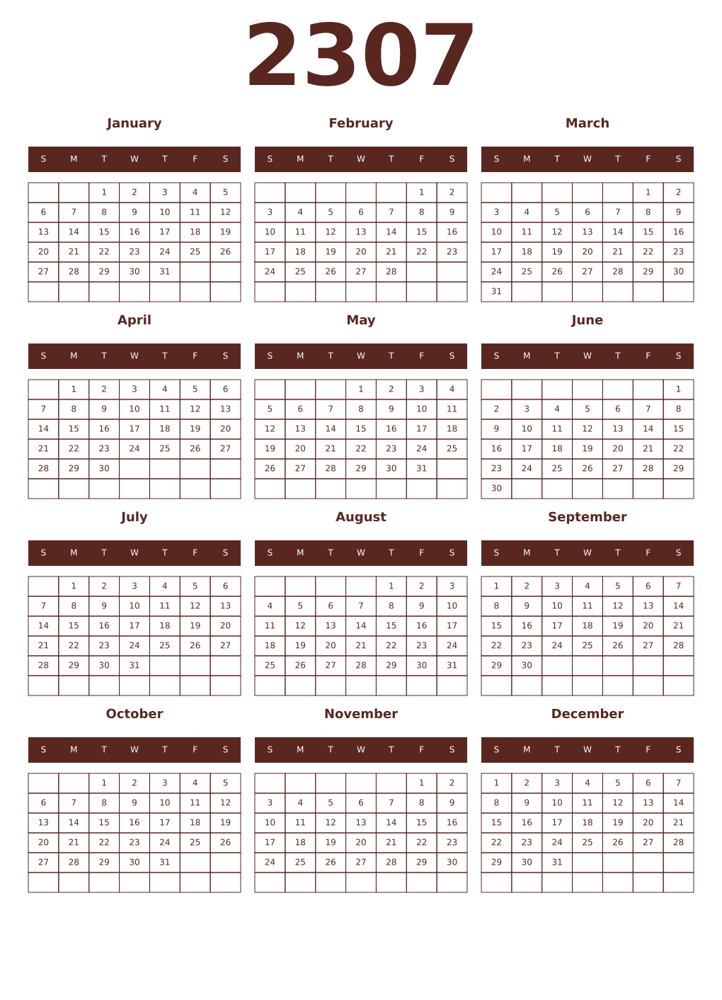 Printable 2307 Year Calendars mortuum
