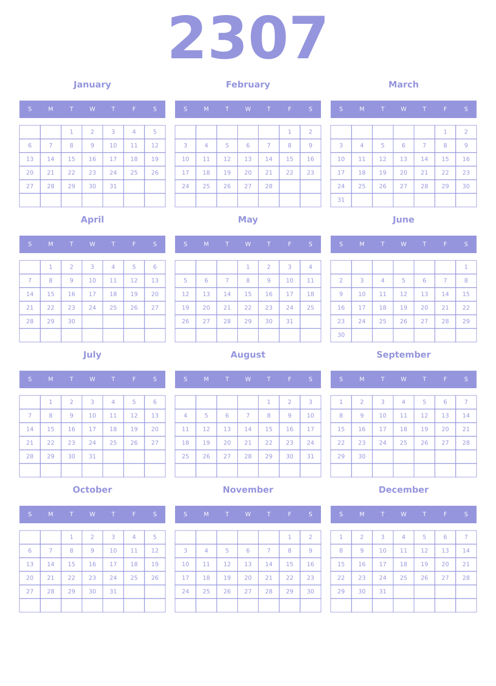 Printable 2307 Year Calendars periwinkle