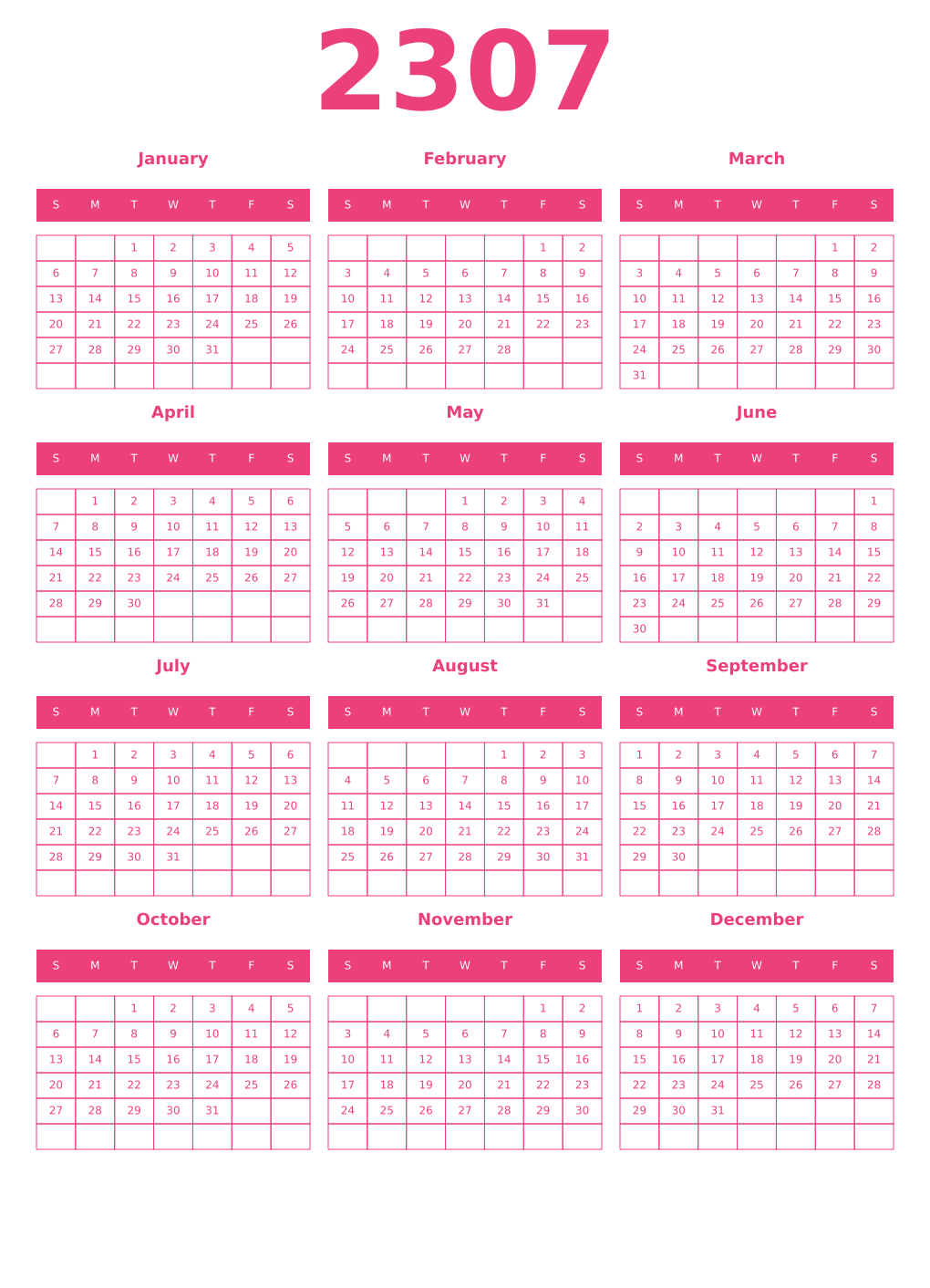 Printable 2307 Year Calendars pink