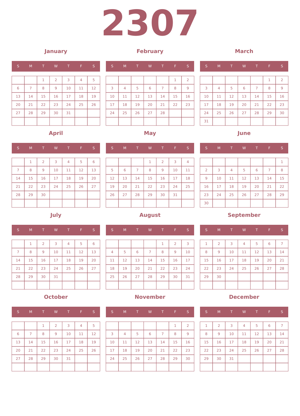 Printable 2307 Year Calendars puce