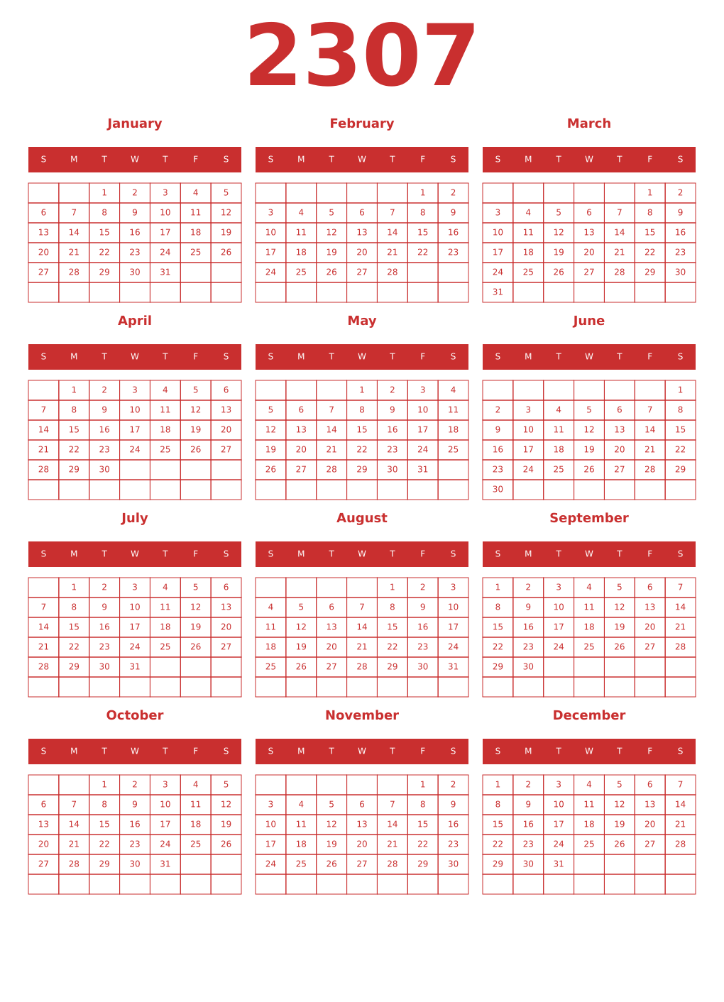 Printable 2307 Year Calendars red