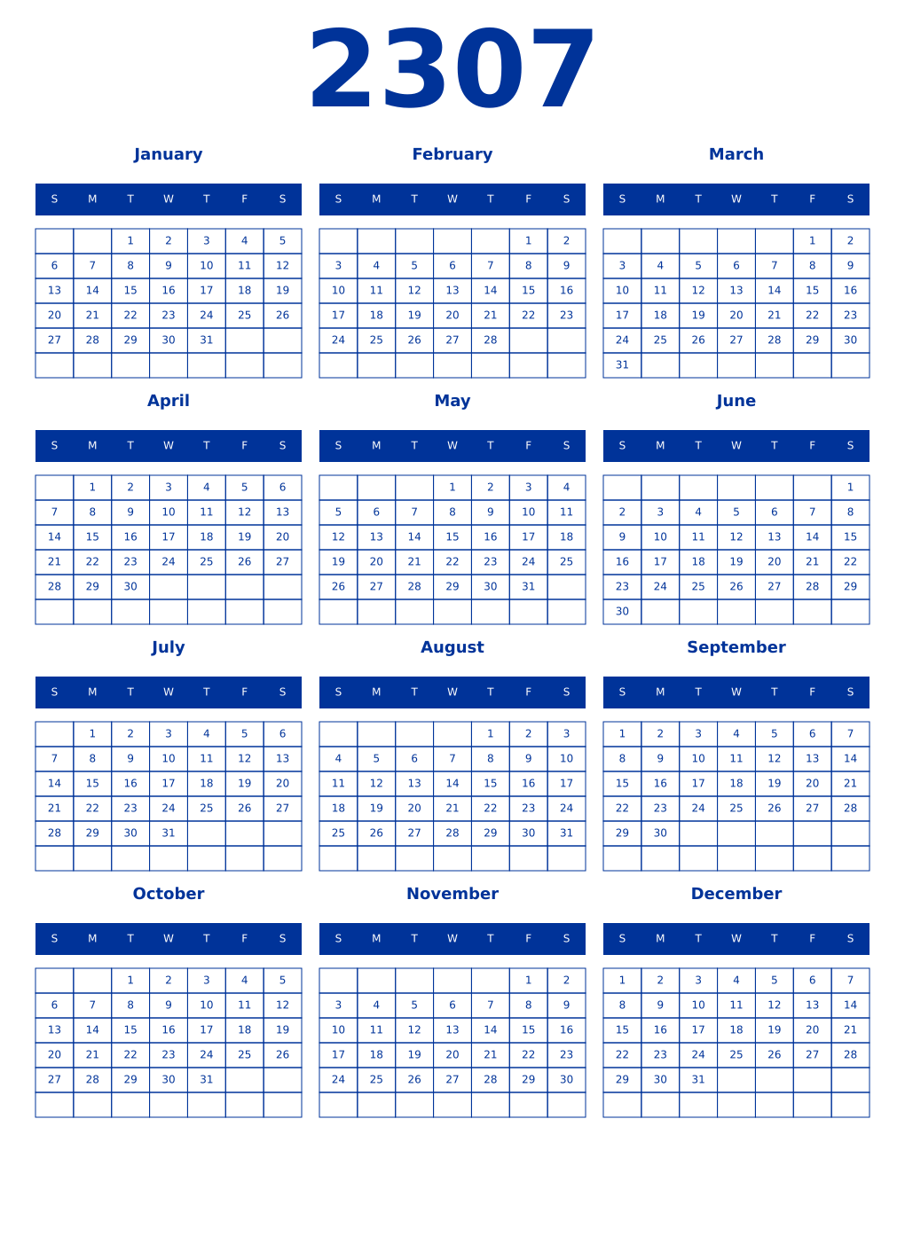 Printable 2307 Year Calendars smalt