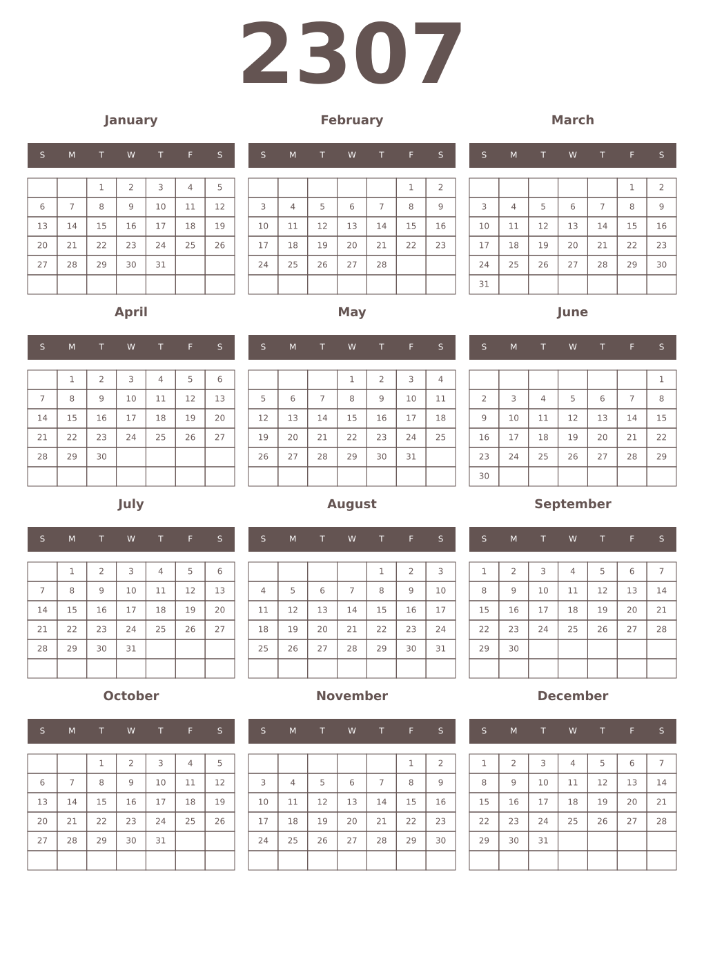 Printable 2307 Year Calendars wenge
