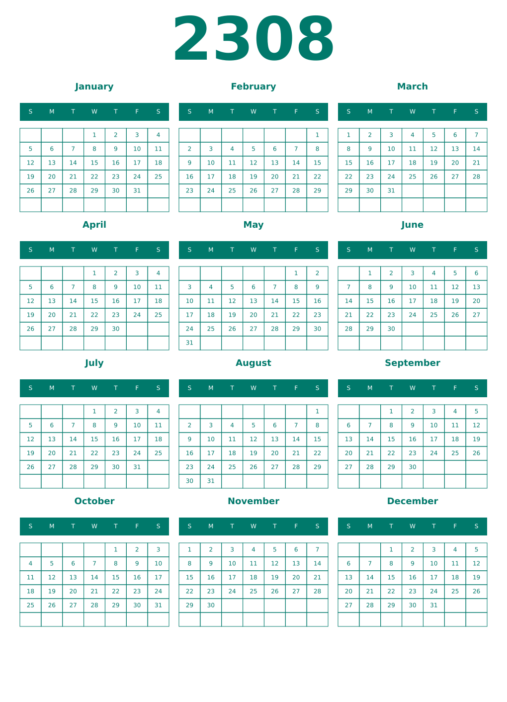 Printable 2308 Year Calendars pastel