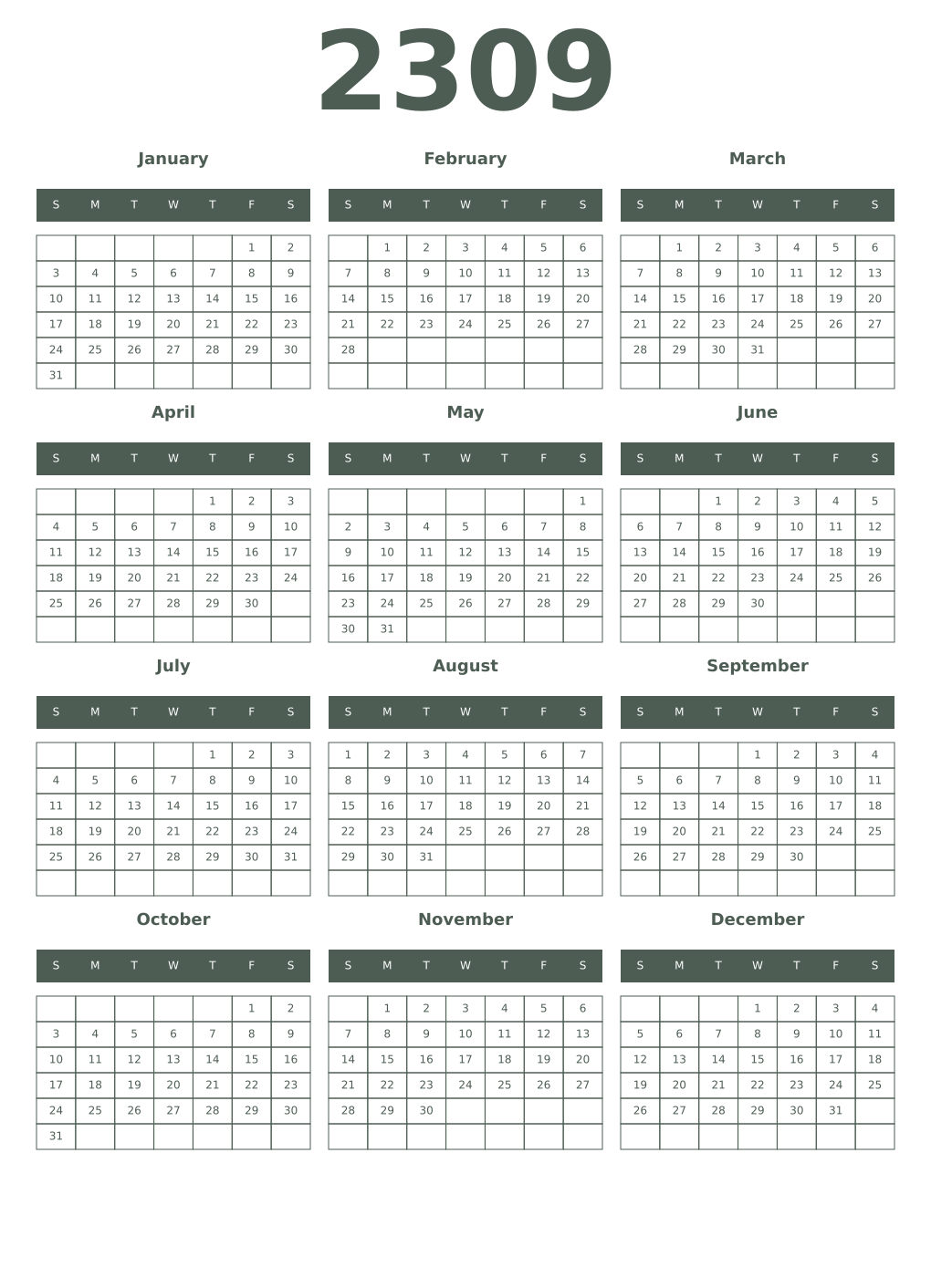 Printable 2309 Year Calendars feldgrau
