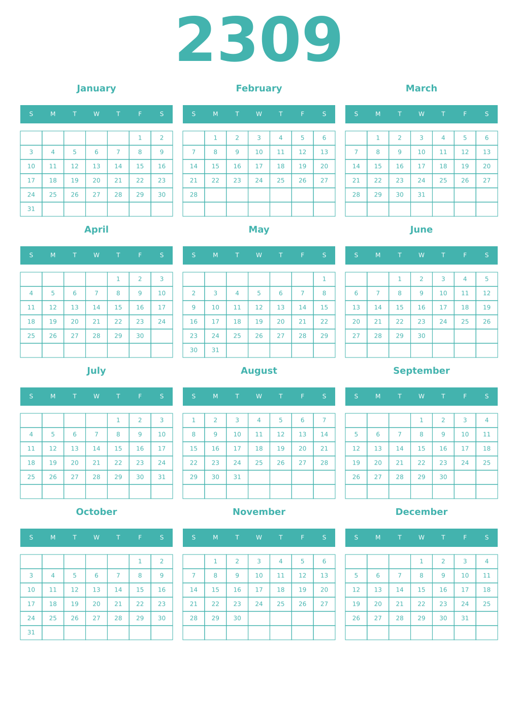 Printable 2309 Year Calendars verdigris