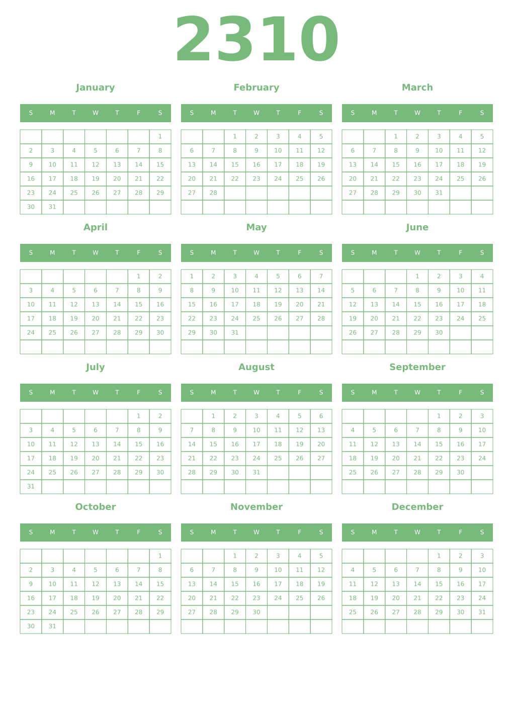 Printable 2310 Year Calendars celadon