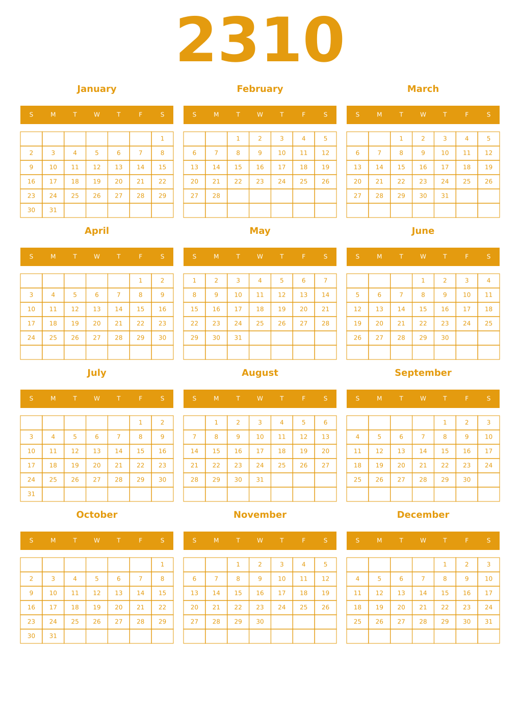 Printable 2310 Year Calendars gamboge