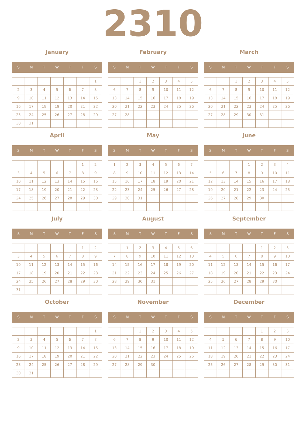 Printable 2310 Year Calendars isabelline