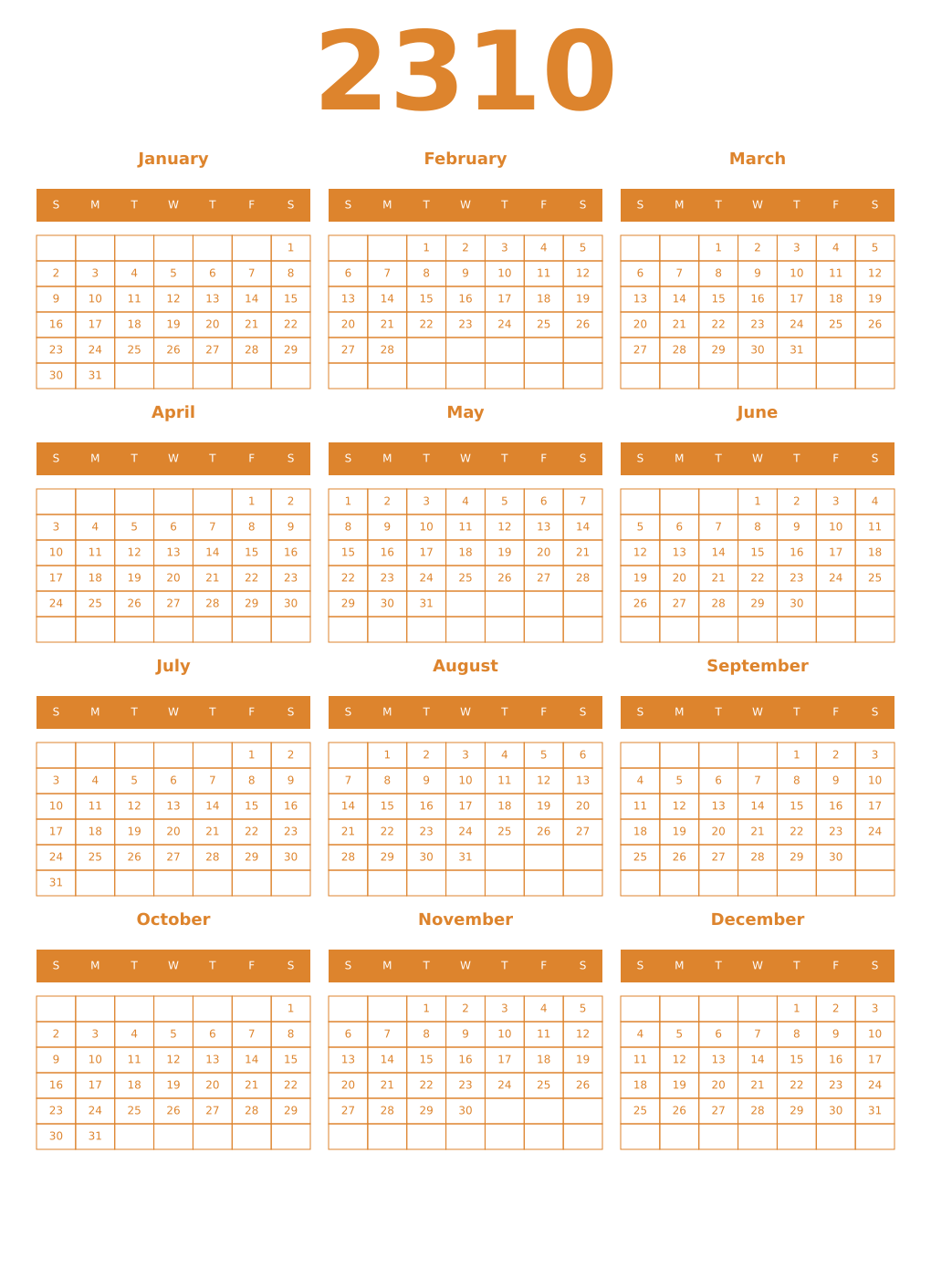 Printable 2310 Year Calendars orange